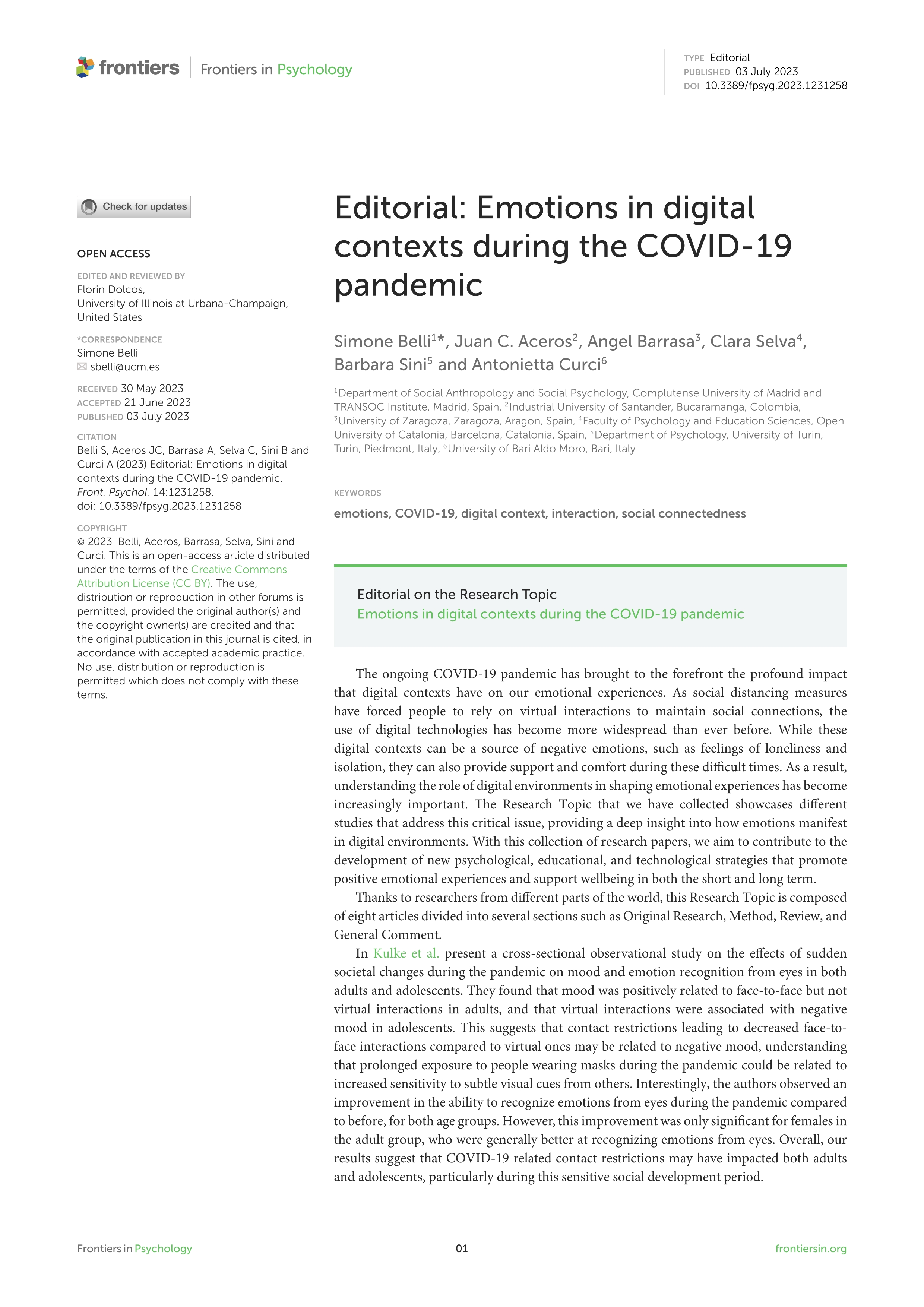 Emotions in digital contexts during the COVID-19 pandemic