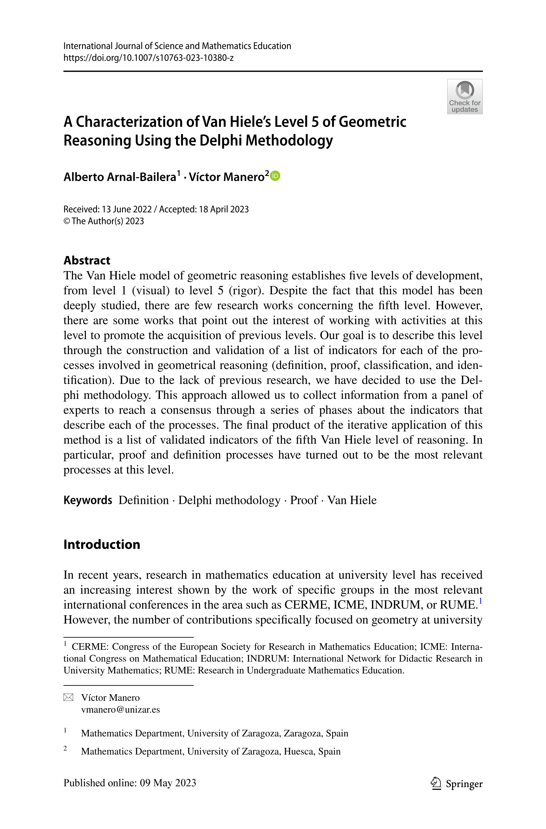 A Characterization of Van Hiele’s Level 5 of Geometric Reasoning Using the Delphi Methodology