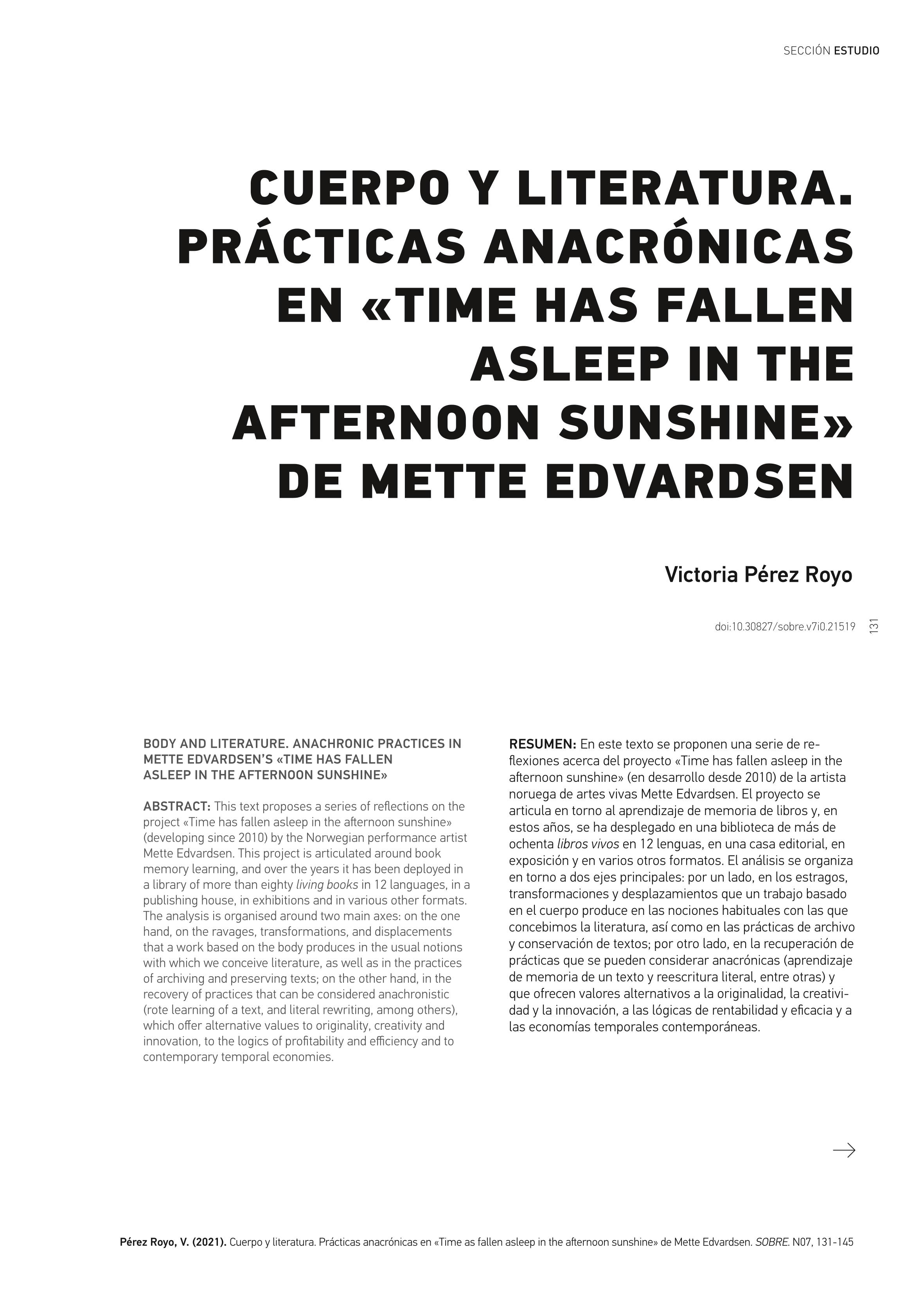 Cuerpo y literatura. Prácticas anacrónicas en «Time has fallen asleep in the afternoon sunshine» de Mette Edvardsen