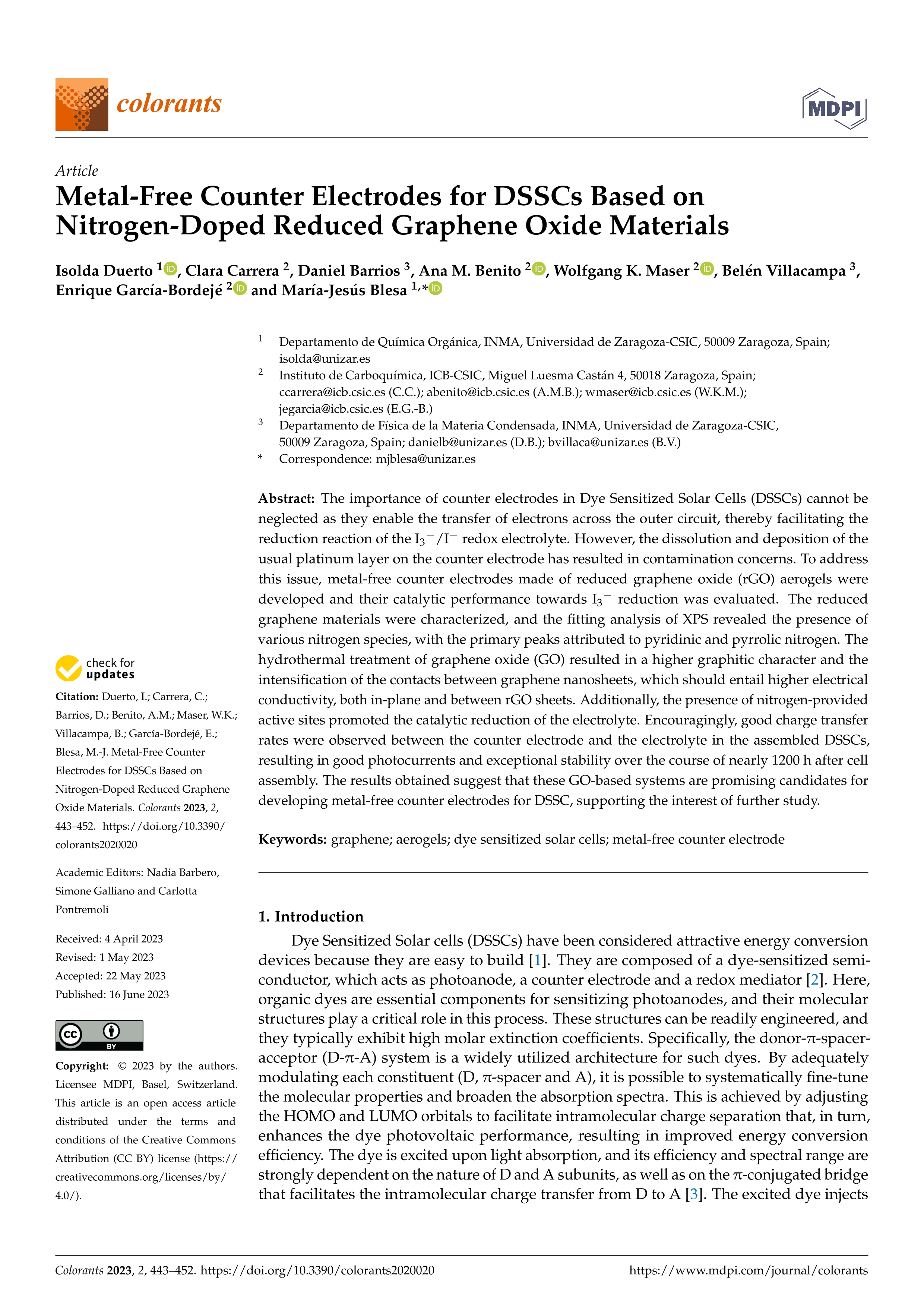 Metal-Free counter electrodes for DSSCs based on nitrogen-doped reduced graphene oxide materials