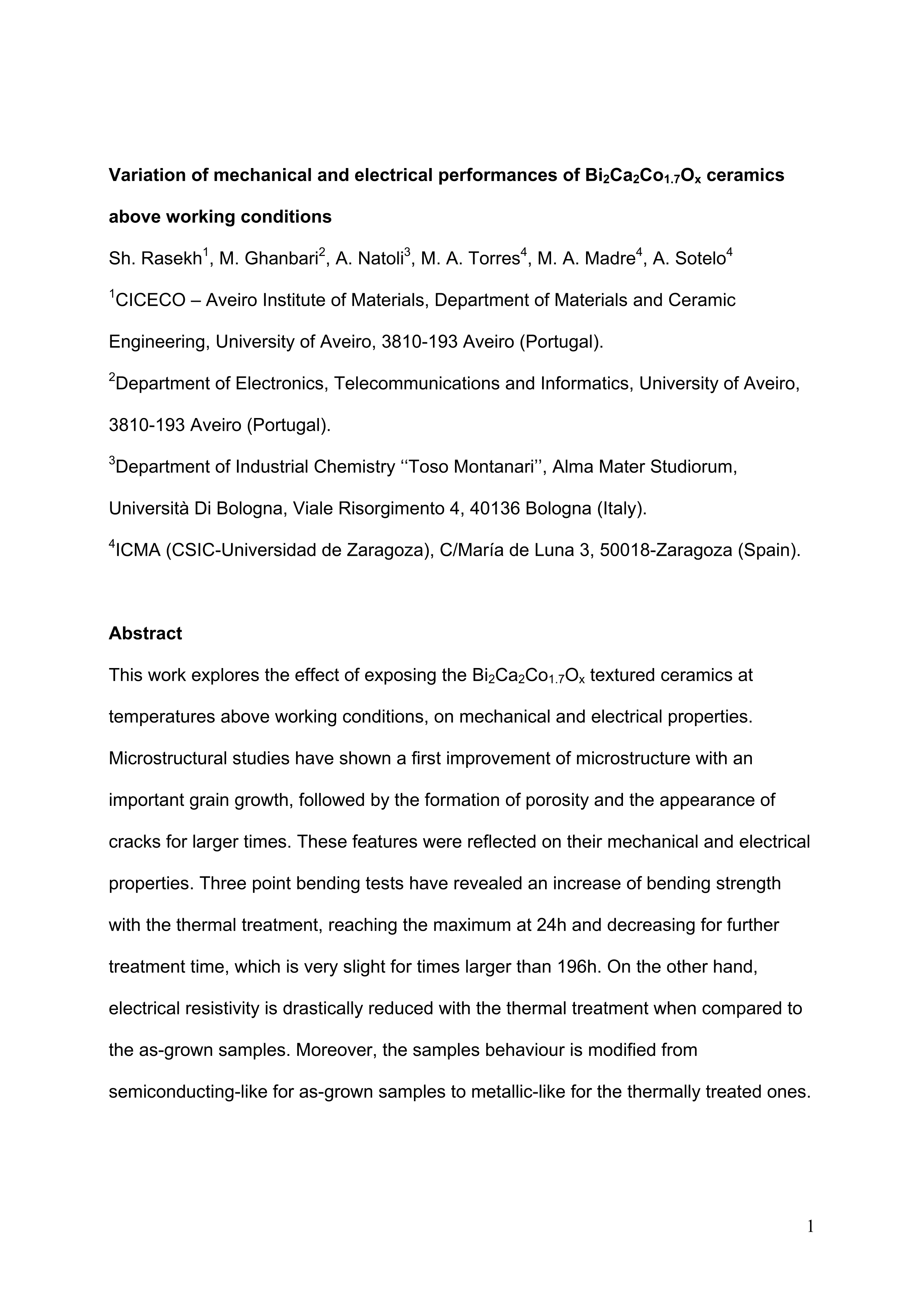 Variation of mechanical and electrical performances of Bi2Ca2Co1.7Ox ceramics above working conditions