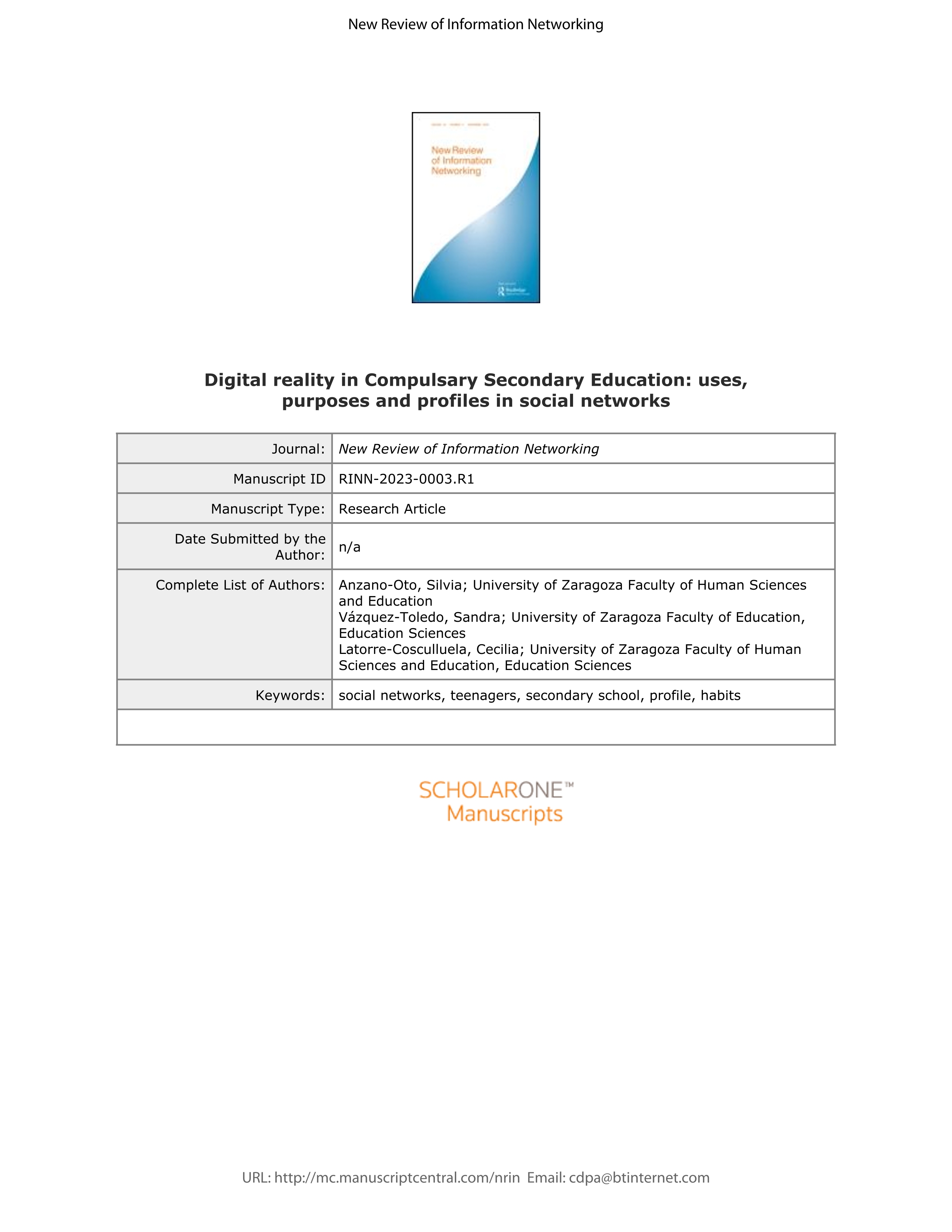 Digital reality in Compulsary Secondary Education: uses, purposes and profiles in social networks