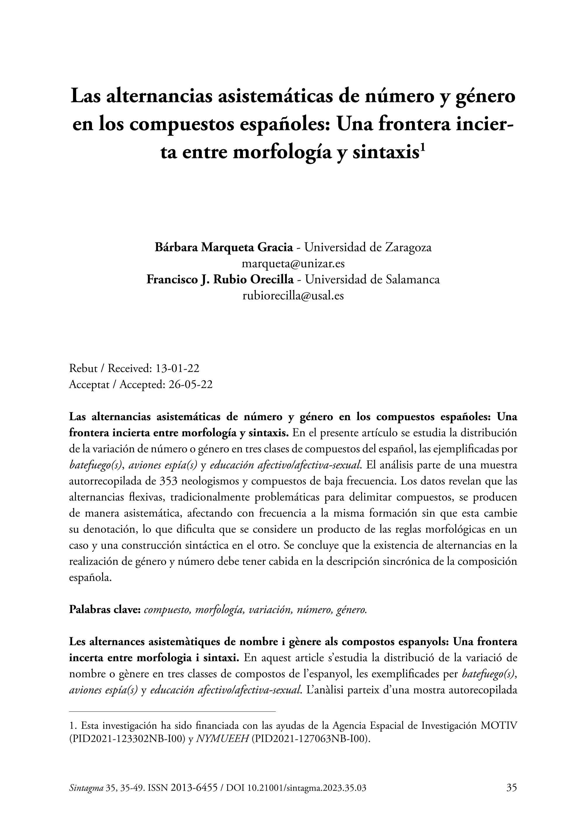 Las alternancias asistemáticas de número y género en los compuestos españoles: una frontera incierta entre morfología y sintaxis