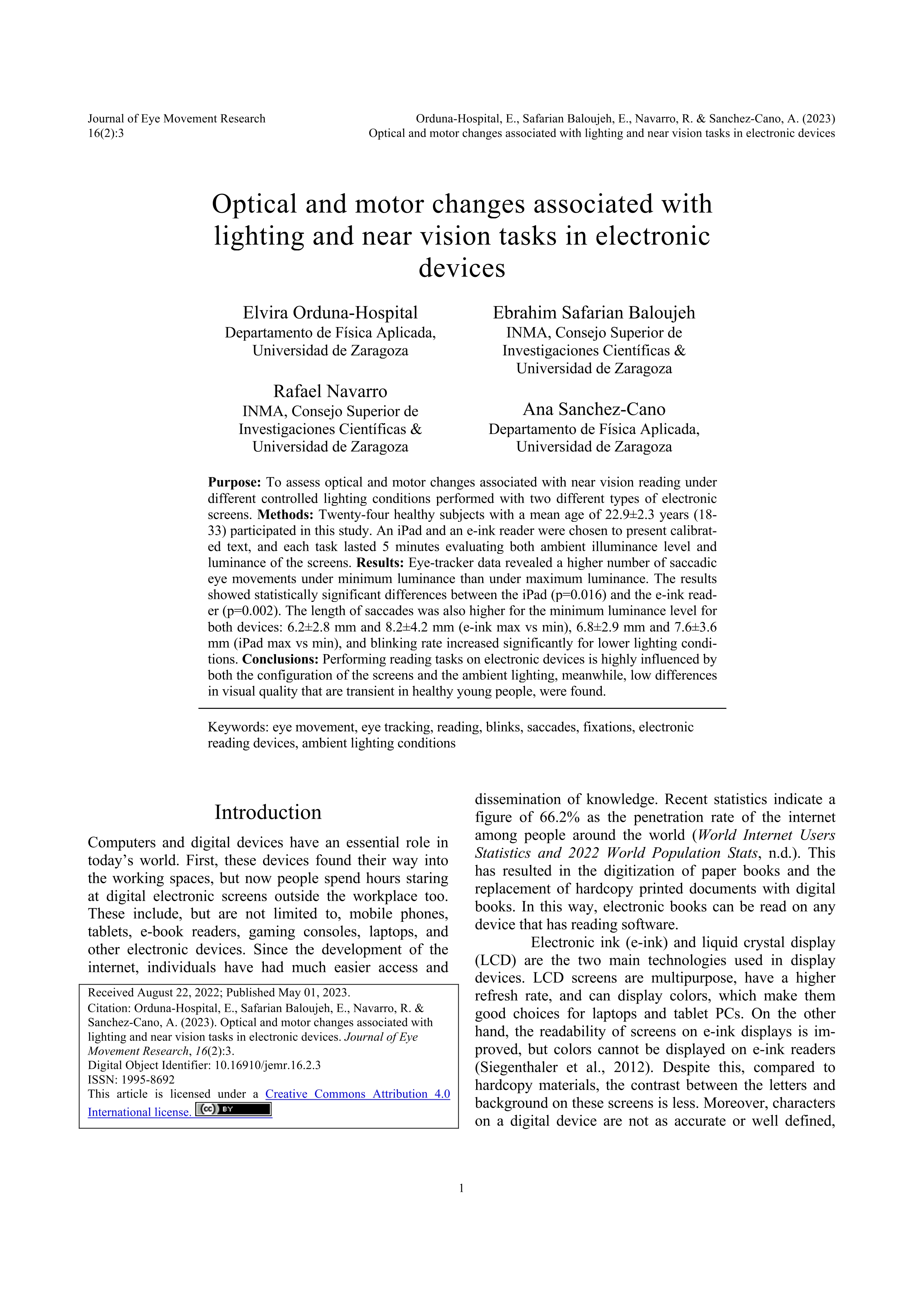 Optical and motor changes associated with lighting and near vision tasks in electronic devices