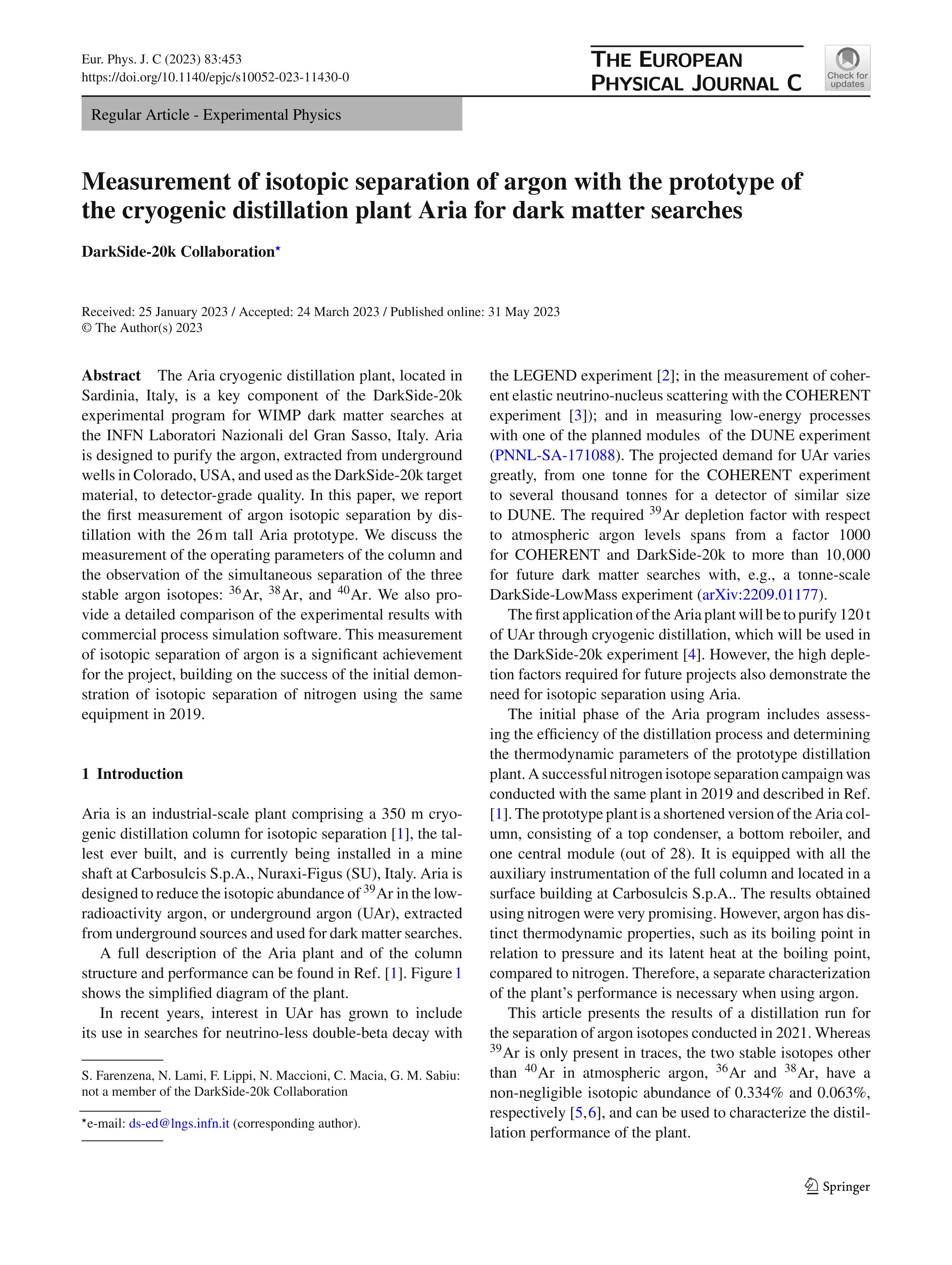 Measurement of isotopic separation of argon with the prototype of the cryogenic distillation plant Aria for dark matter searches