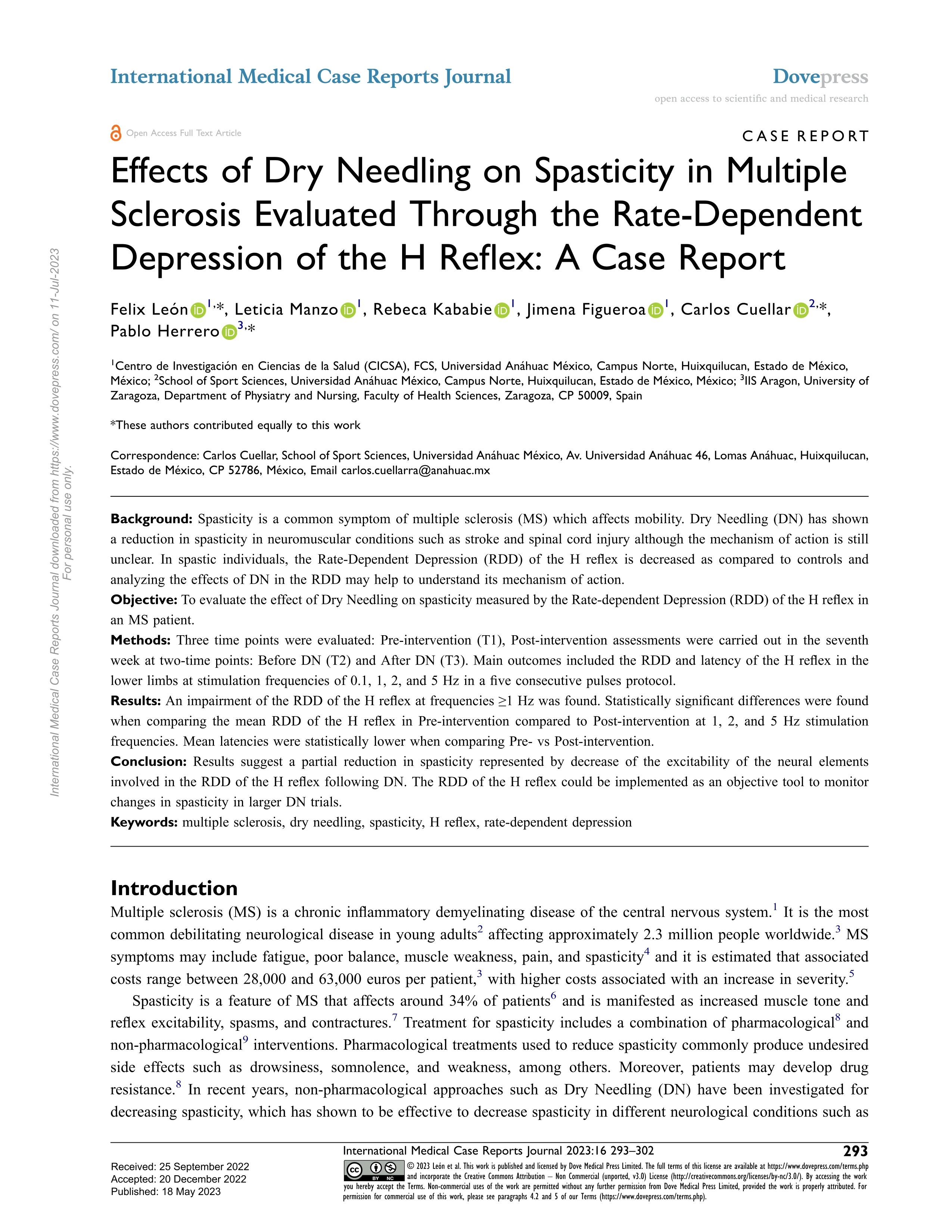 Effects of dry needling on spasticity in multiple sclerosis evaluated through the rate-dependent depression of the H Reflex: a case report