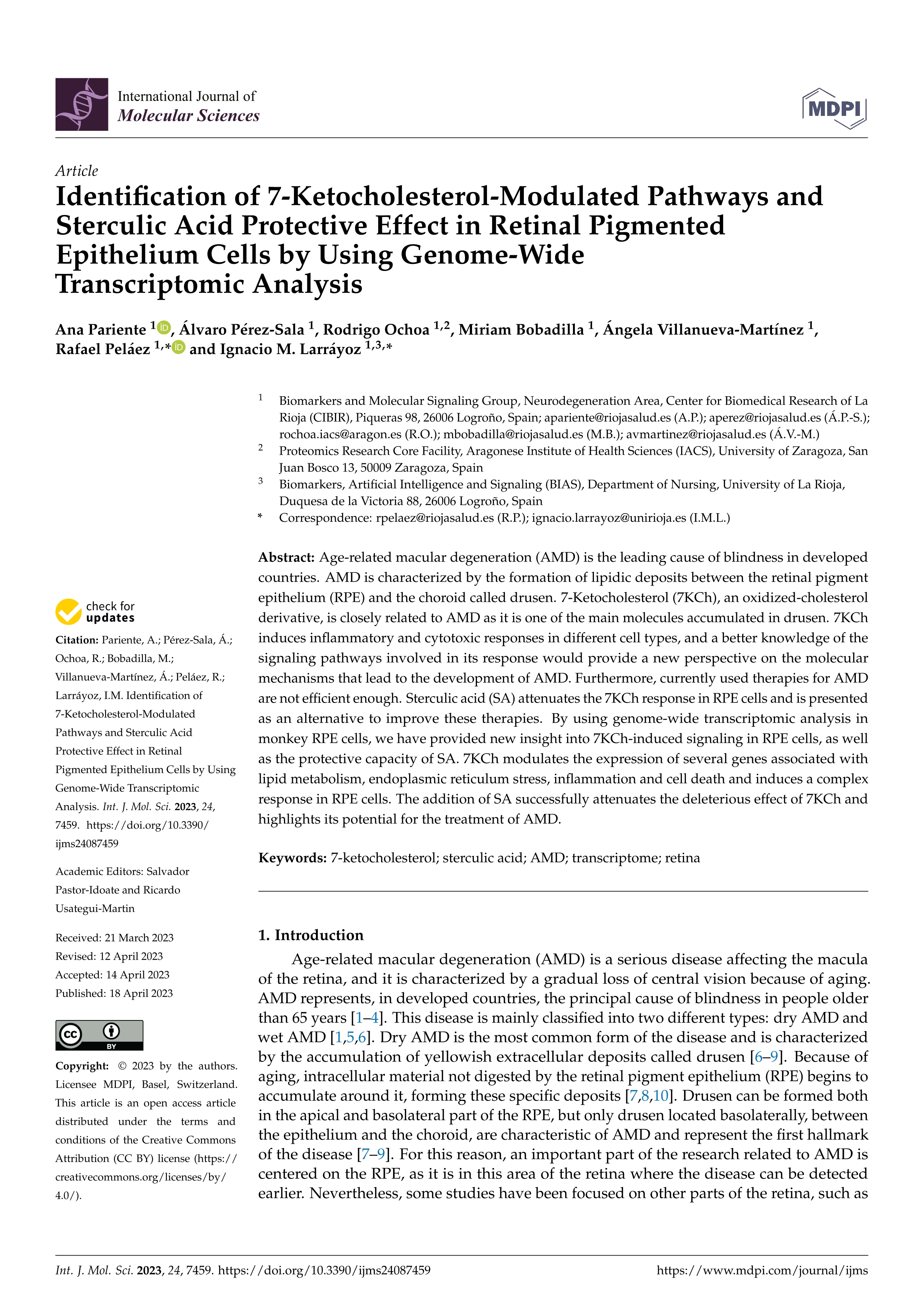 Identification of 7-Ketocholesterol-Modulated Pathways and Sterculic Acid Protective Effect in Retinal Pigmented Epithelium Cells by Using Genome-Wide Transcriptomic Analysis