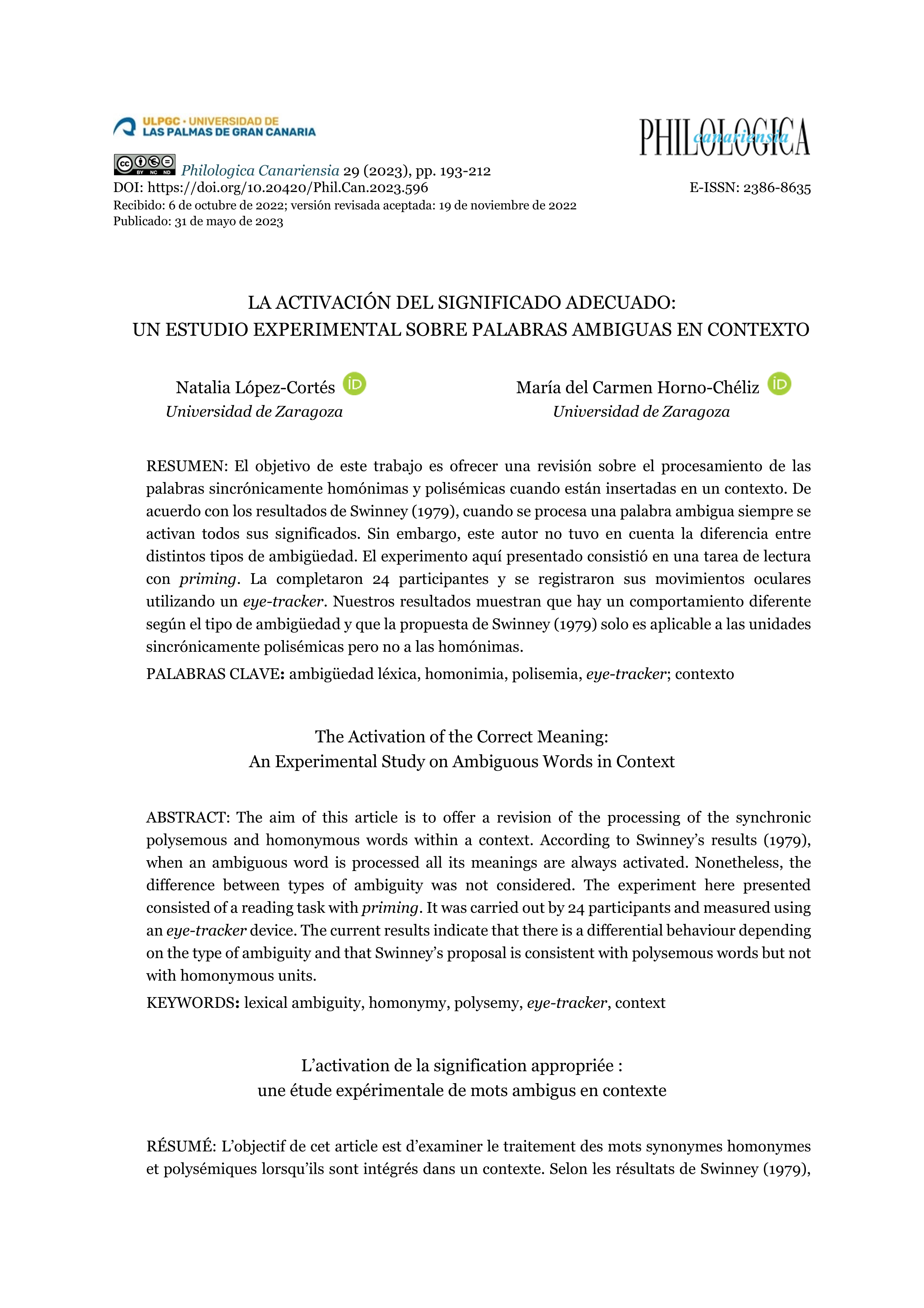 La activación del significado adecuado: un estudio experimental sobre palabras ambiguas en contexto