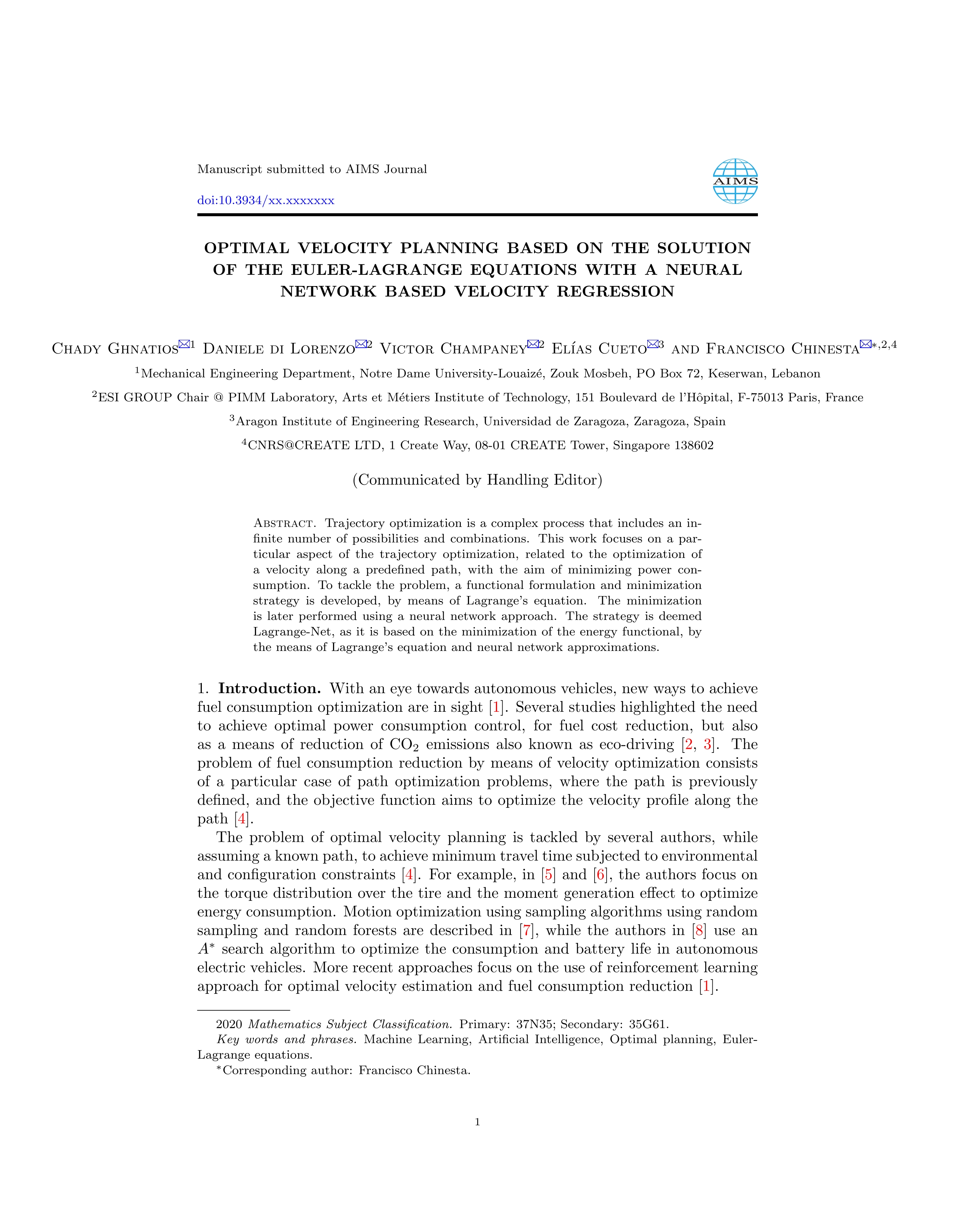 Optimal velocity planning based on the solution of the Euler-Lagrange equations with a neural network based velocity regression