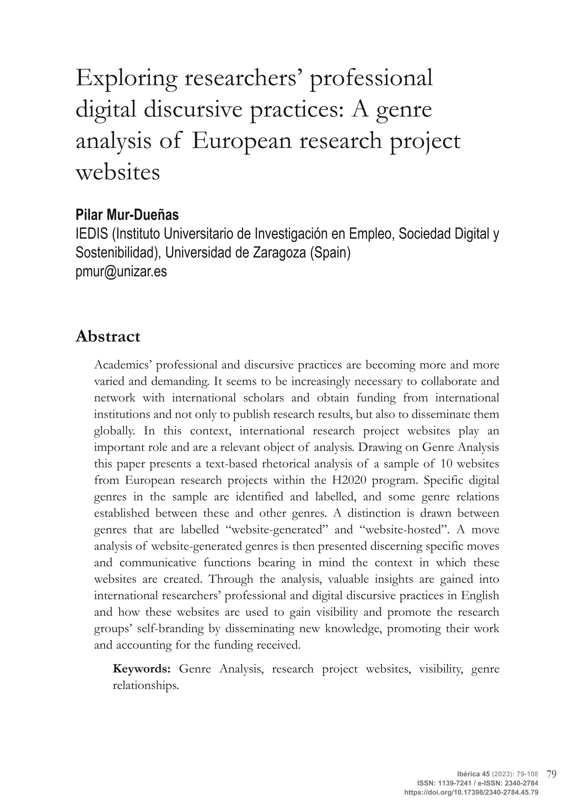 Exploring researchers’ digital professional and discursive practices: A genre analysis of international research project websites