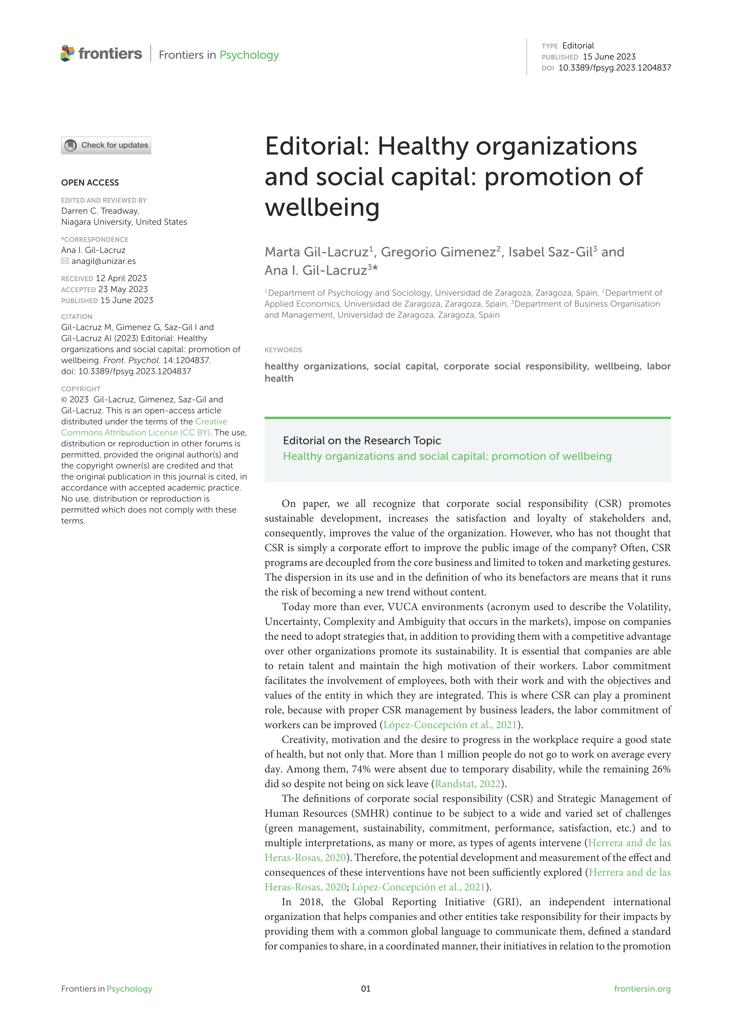 Healthy organizations and social capital: promotion of wellbeing