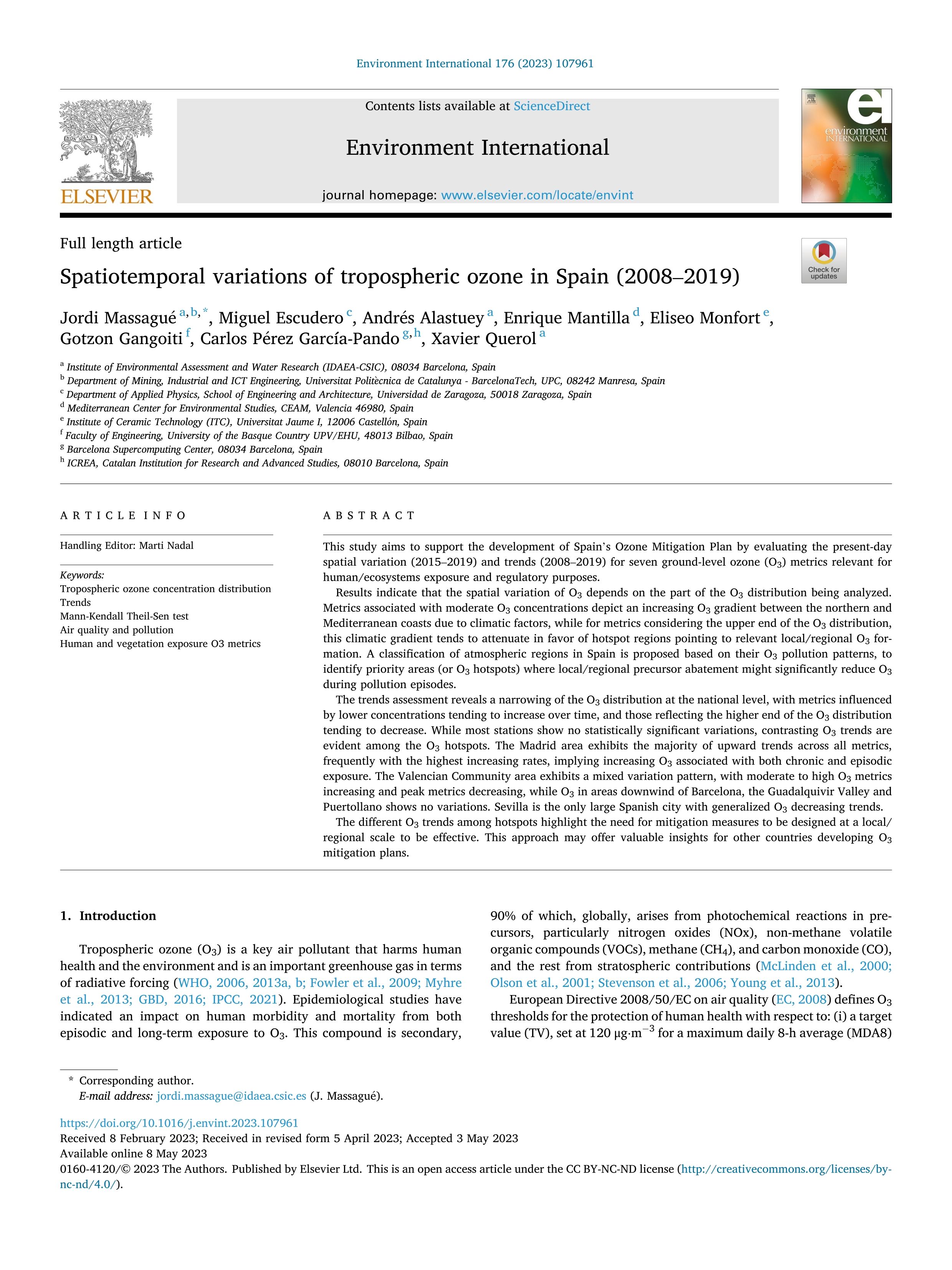 Spatiotemporal variations of tropospheric ozone in Spain (2008–2019)