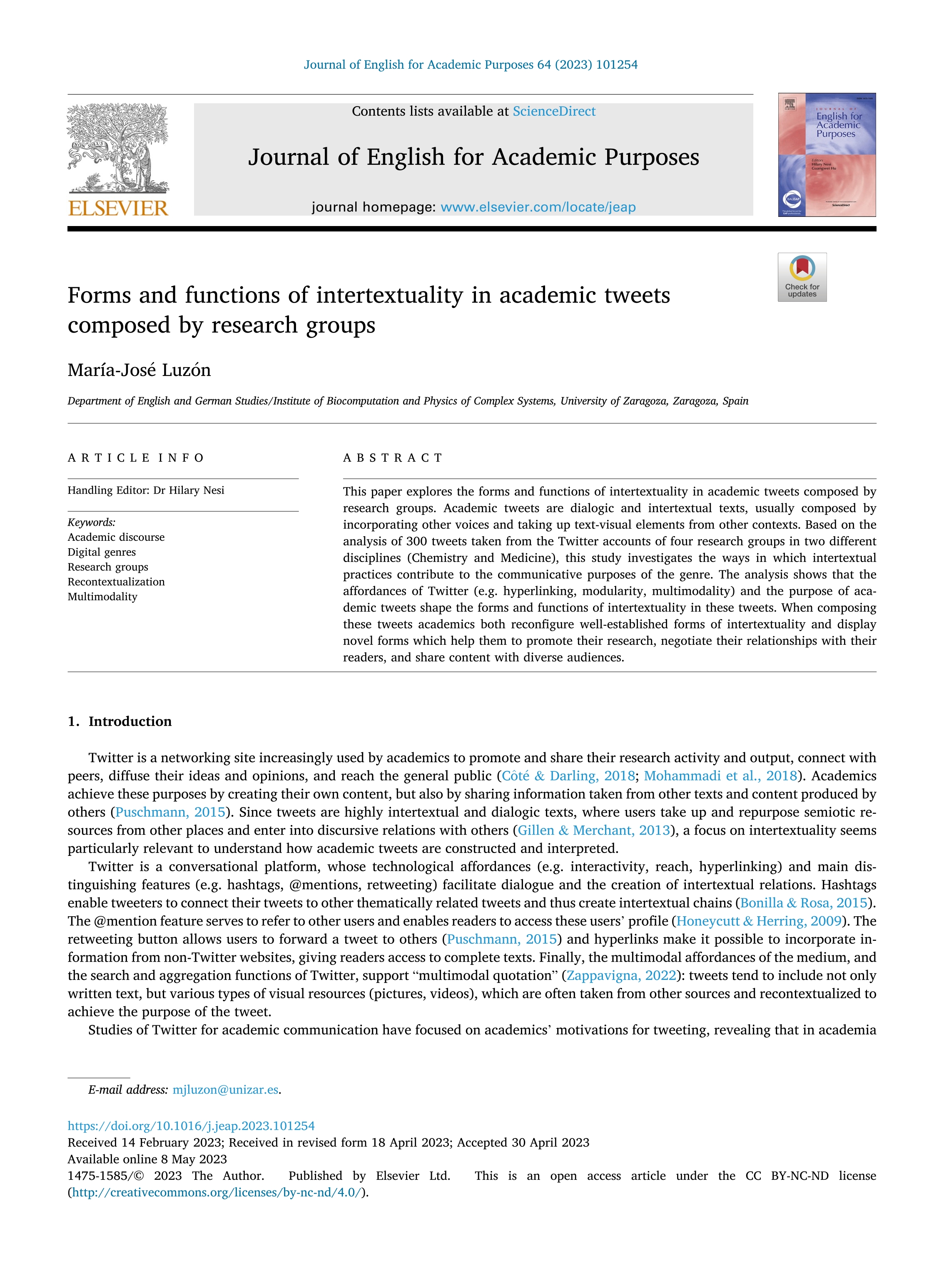 Forms and functions of intertextuality in academic tweets composed by research groups