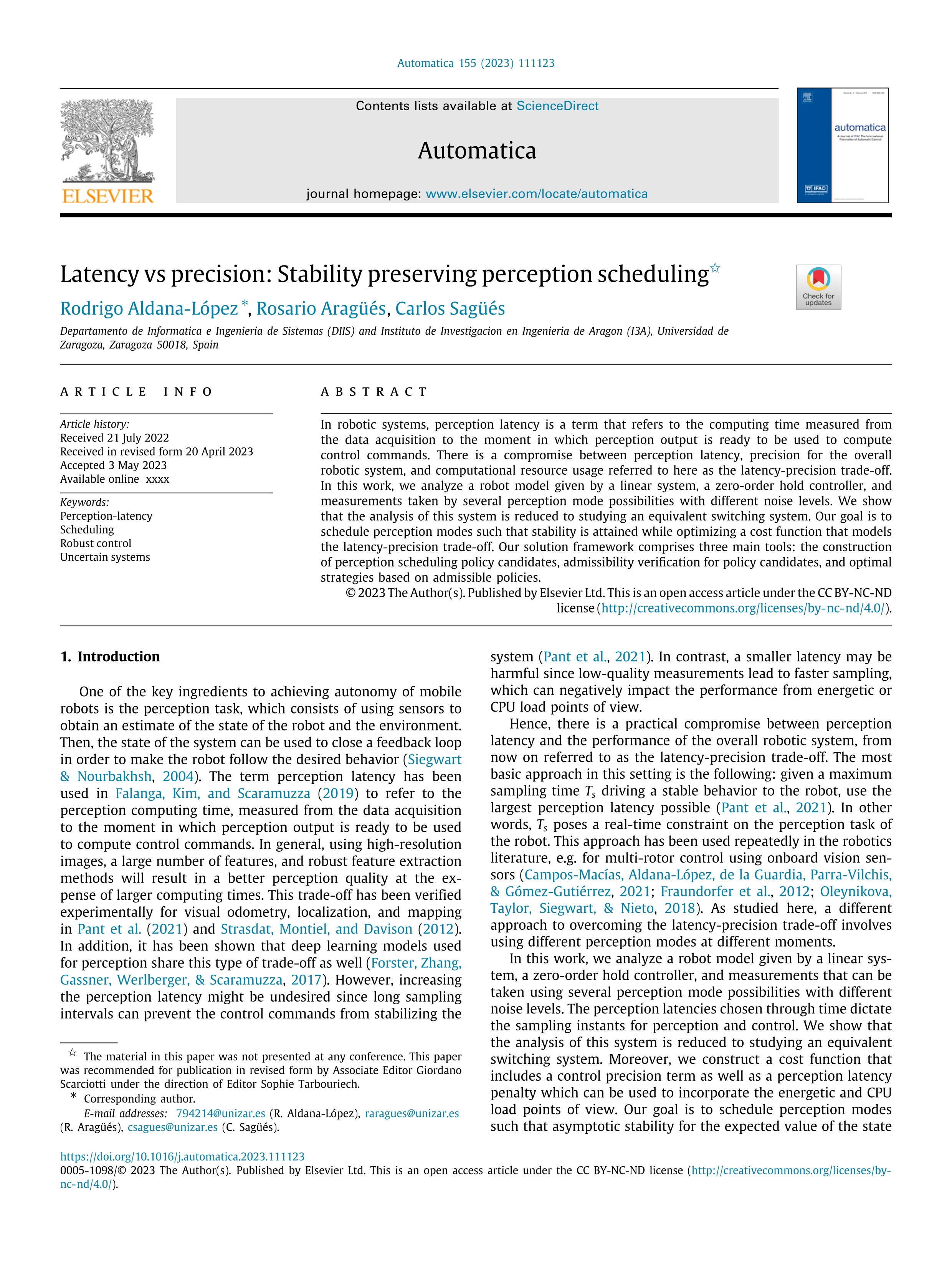 Latency vs precision: Stability preserving perception scheduling