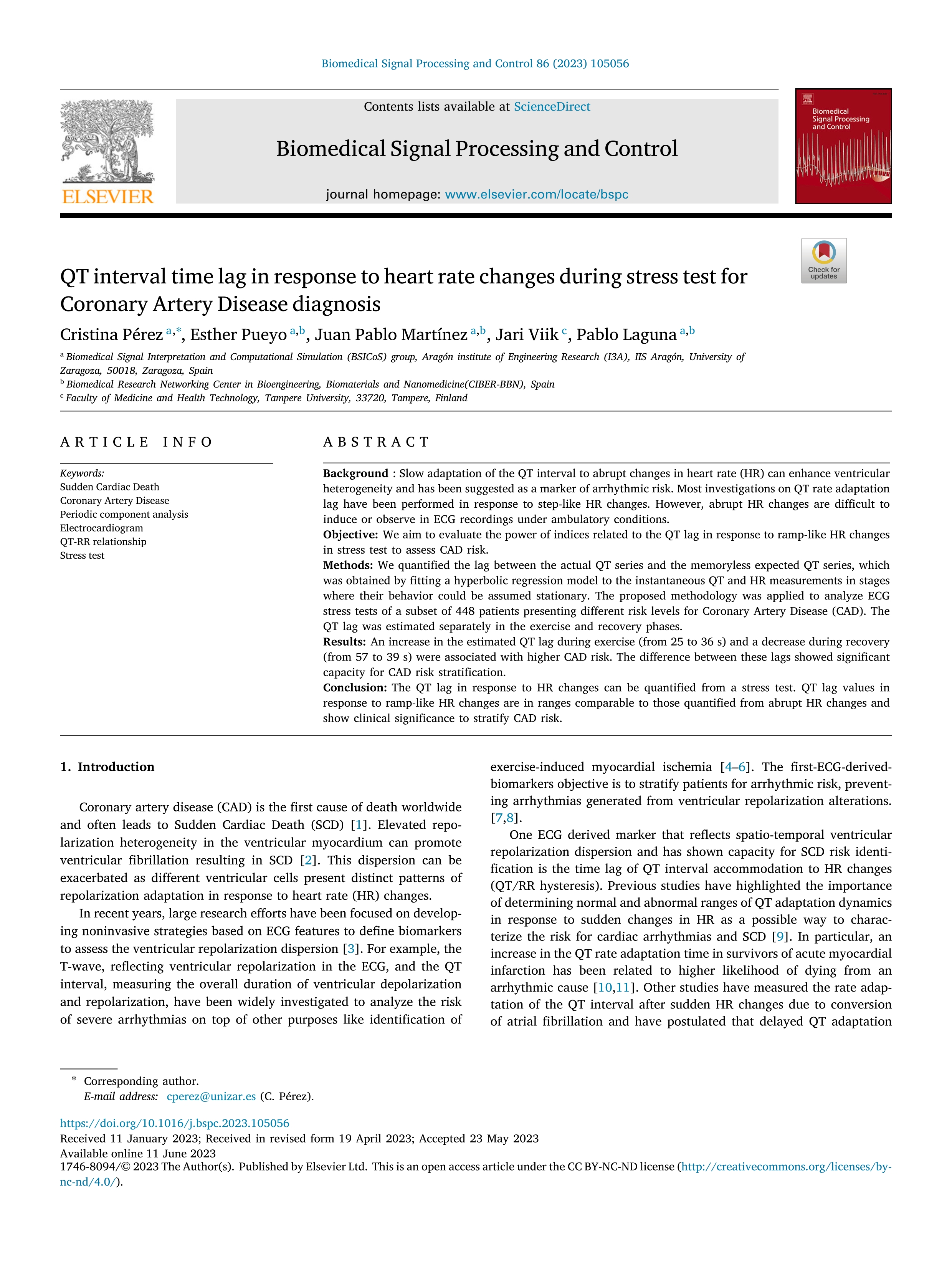 QT interval time lag in response to heart rate changes during stress test for Coronary Artery Disease diagnosis