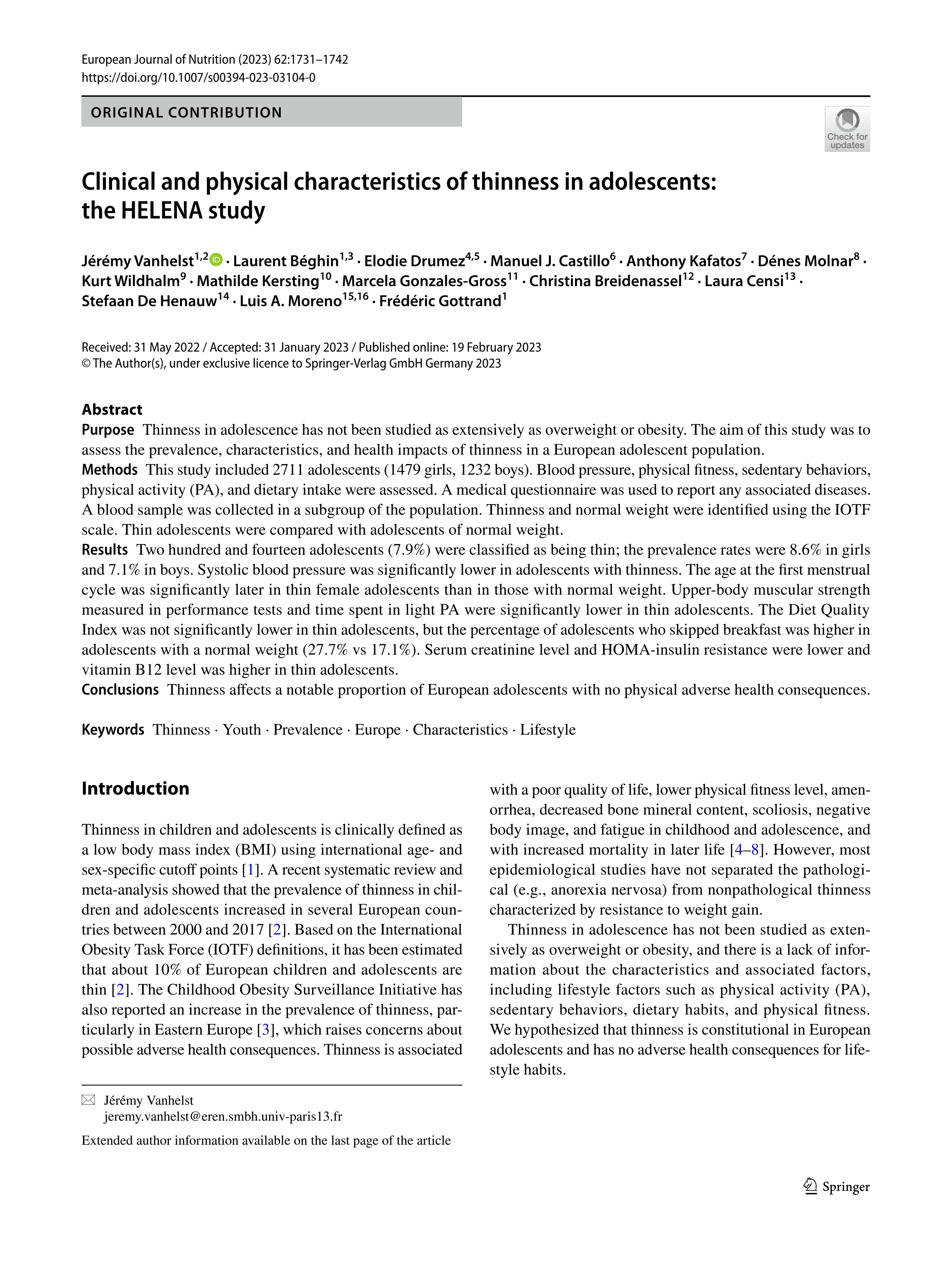 Clinical and physical characteristics of thinness in adolescents: the Helena study