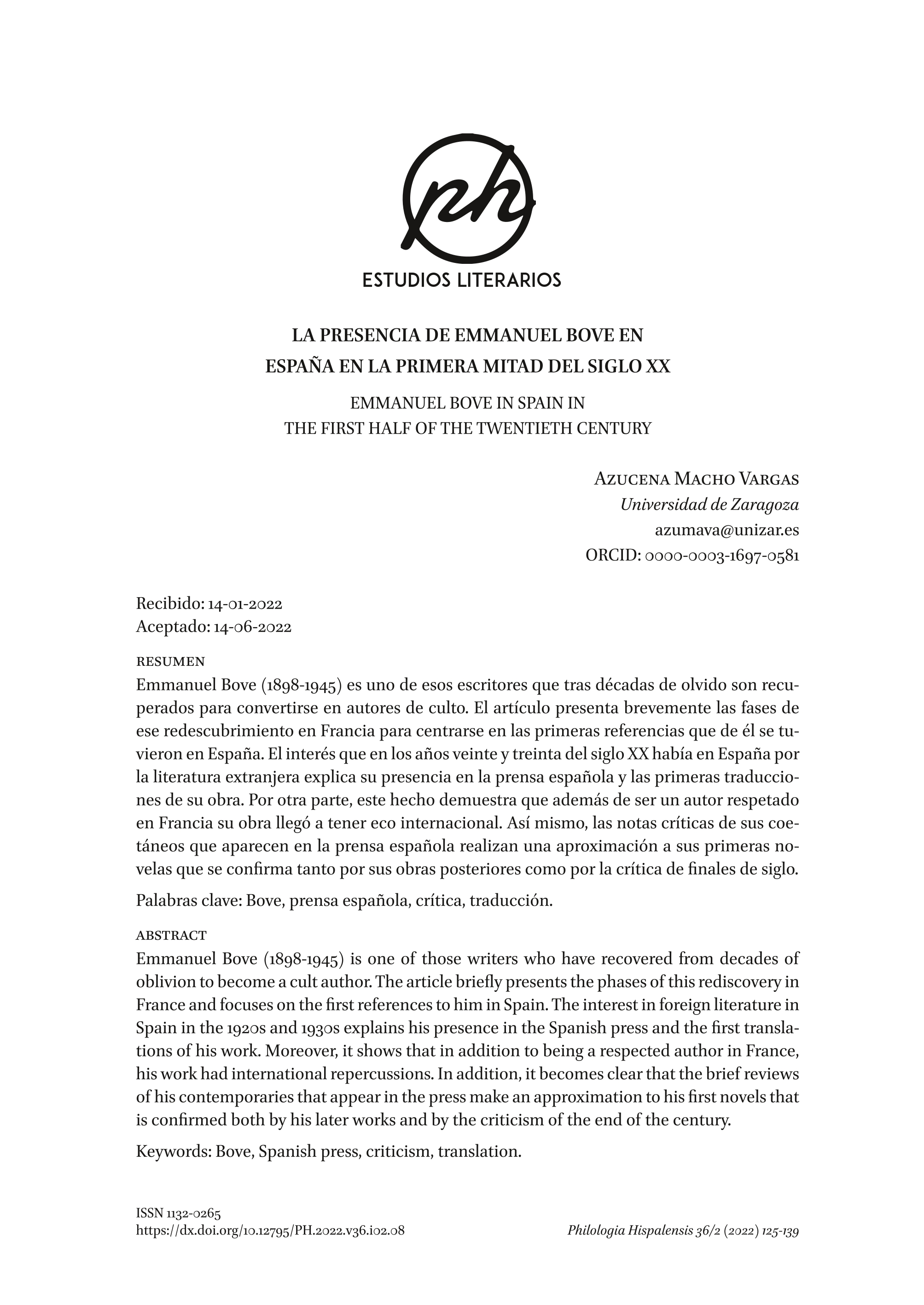La presencia de Emmanuel Bove en España en la primera mitad del siglo XX