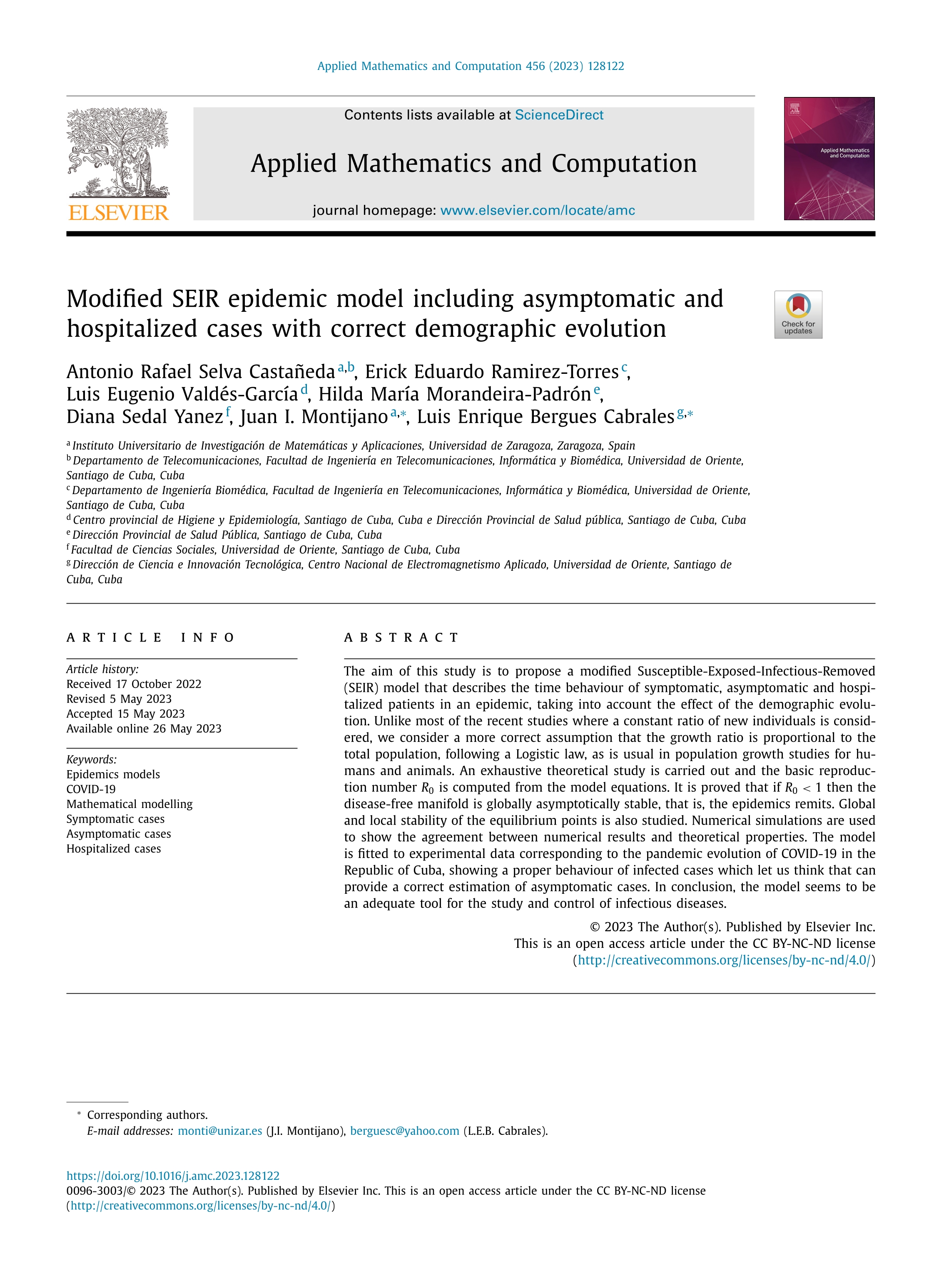 Modified SEIR epidemic model including asymptomatic and hospitalized cases with correct demographic evolution