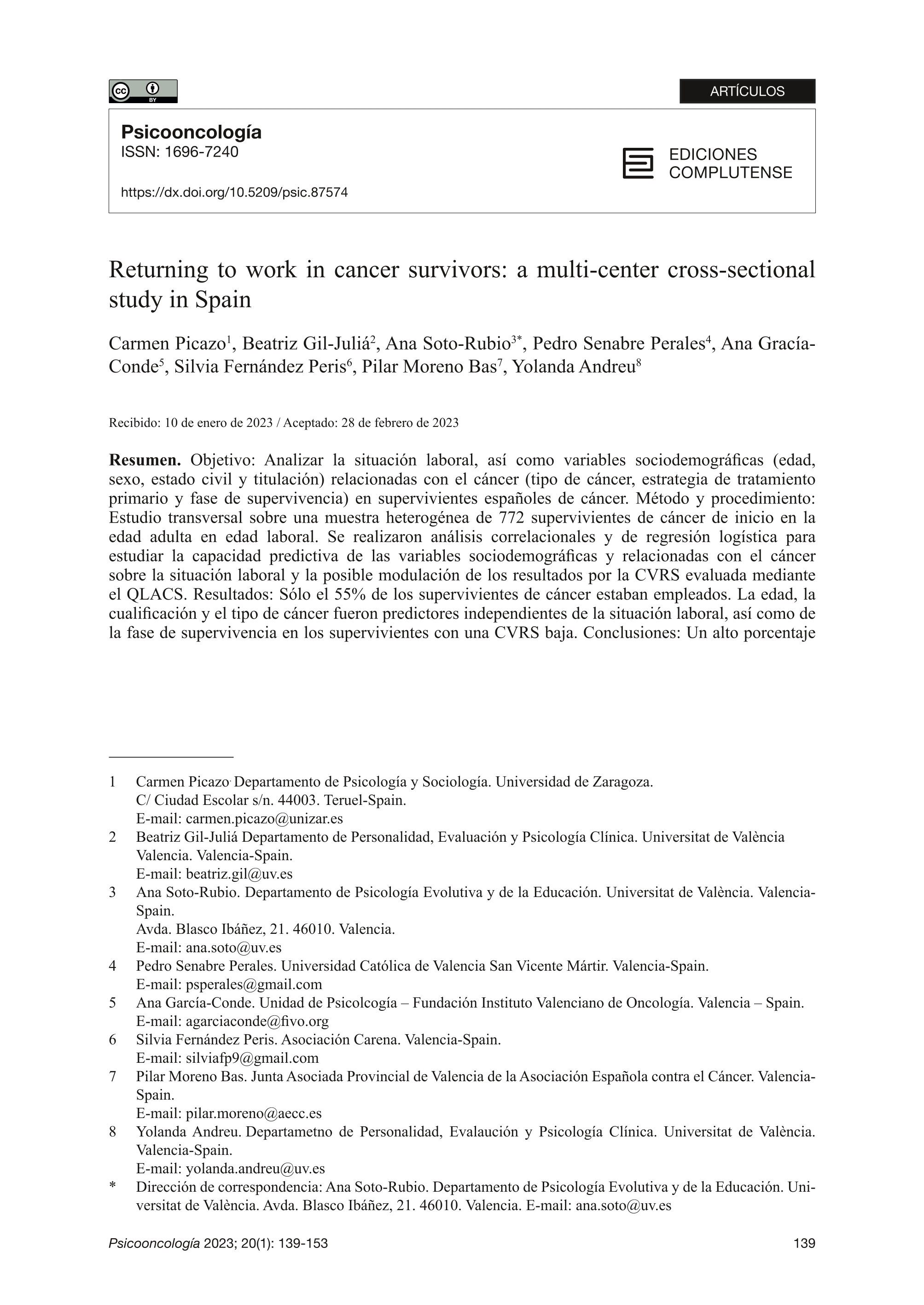 Returning to work in cancer survivors: a multi-center cross-sectional study in Spain