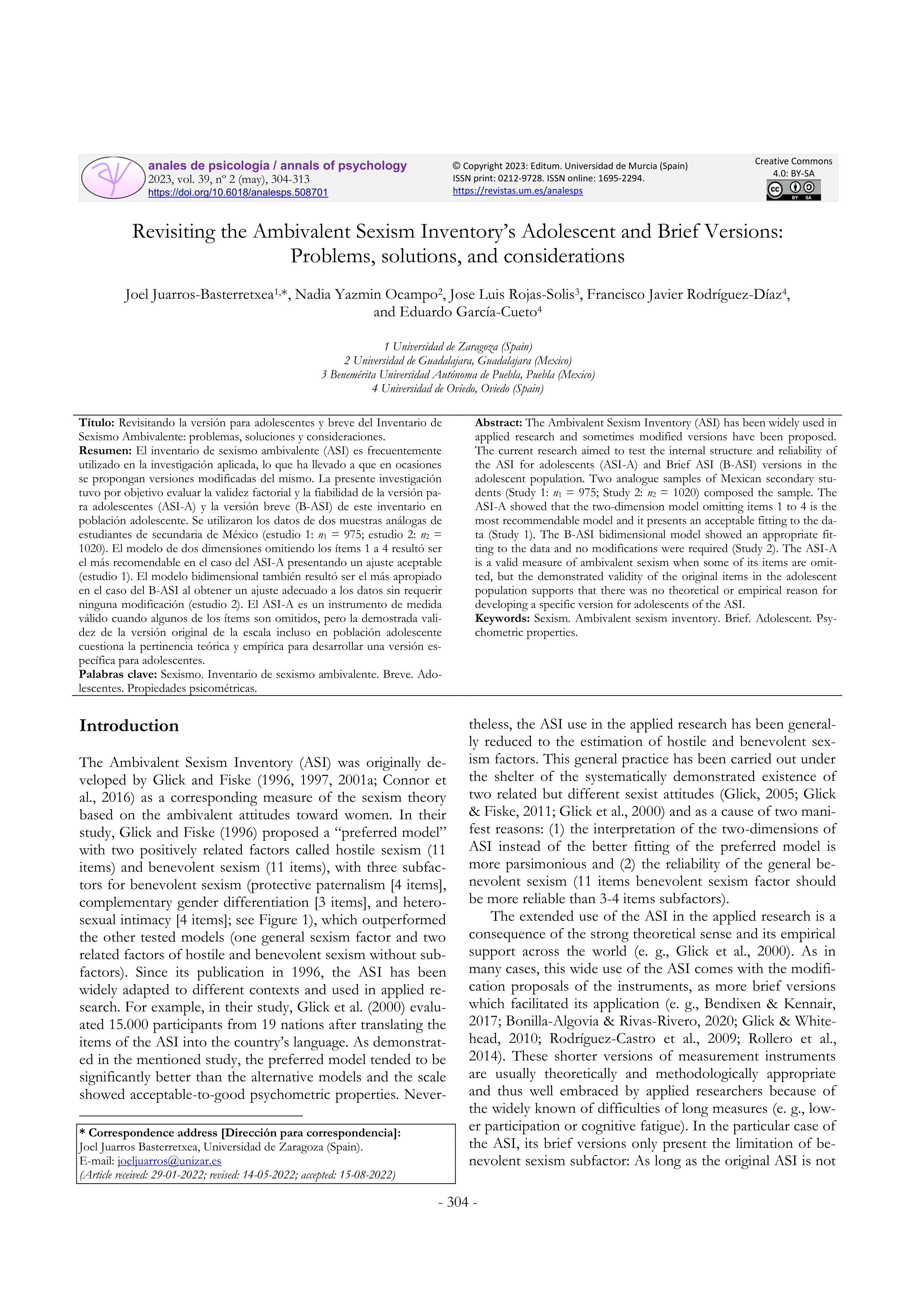 Revisiting the Ambivalent Sexism Inventory’s adolescent and brief versions: problems, solutions, and considerations