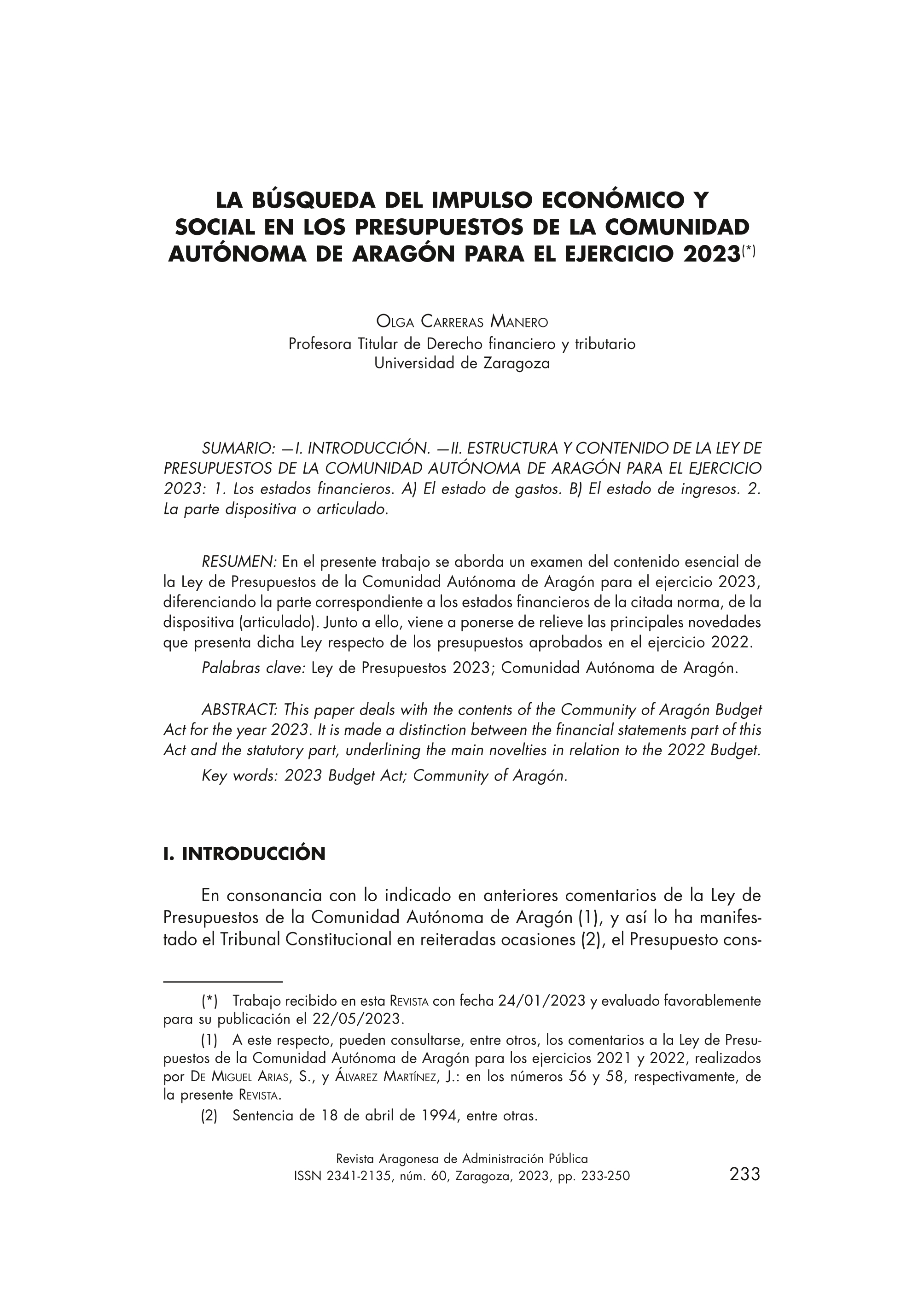 La búsqueda del impulso económico y social en los presupuestos de la Comunidad Autónoma de Aragón para el ejercicio 2023