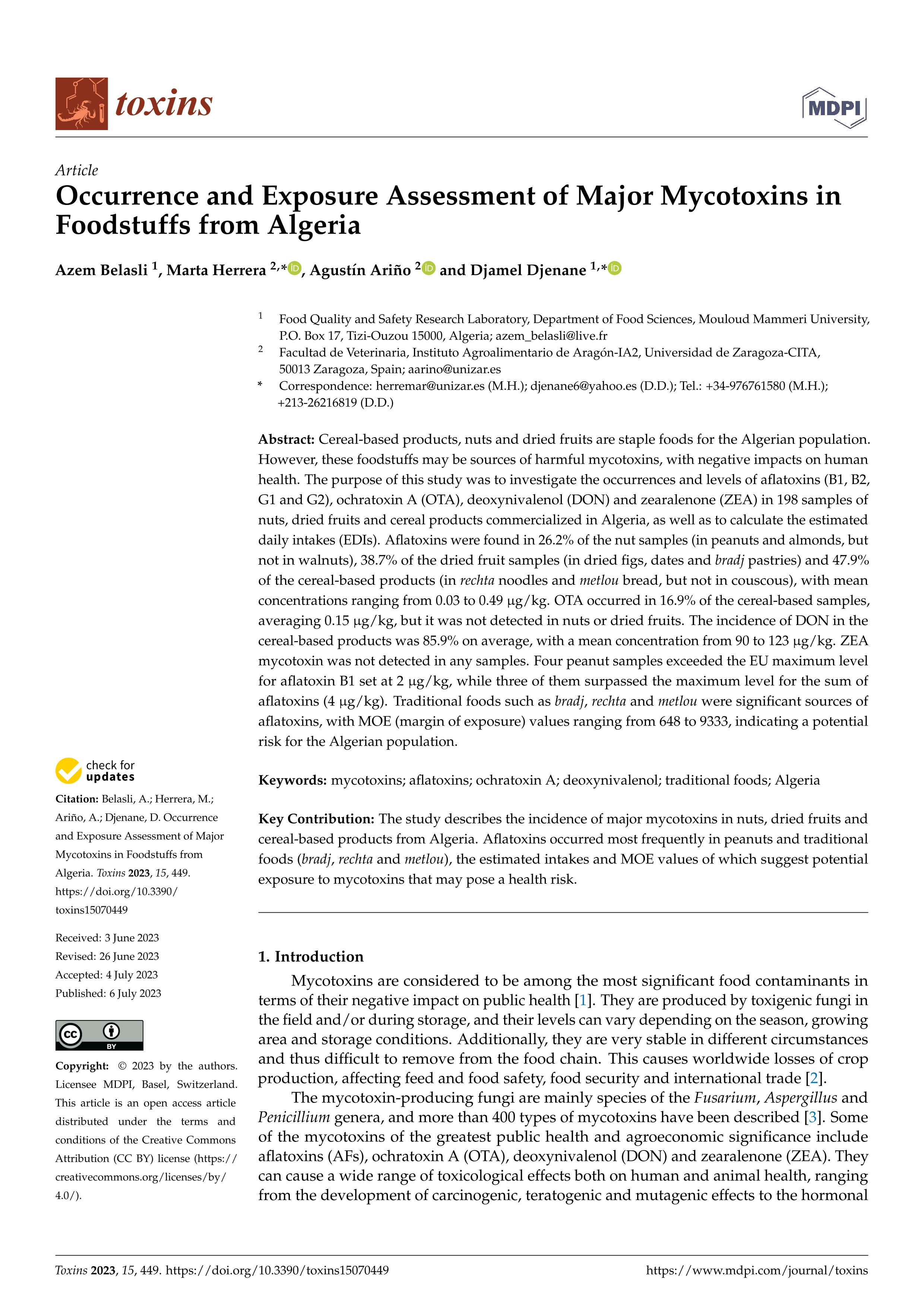 Occurrence and exposure assessment of major mycotoxins in foodstuffs from Algeria