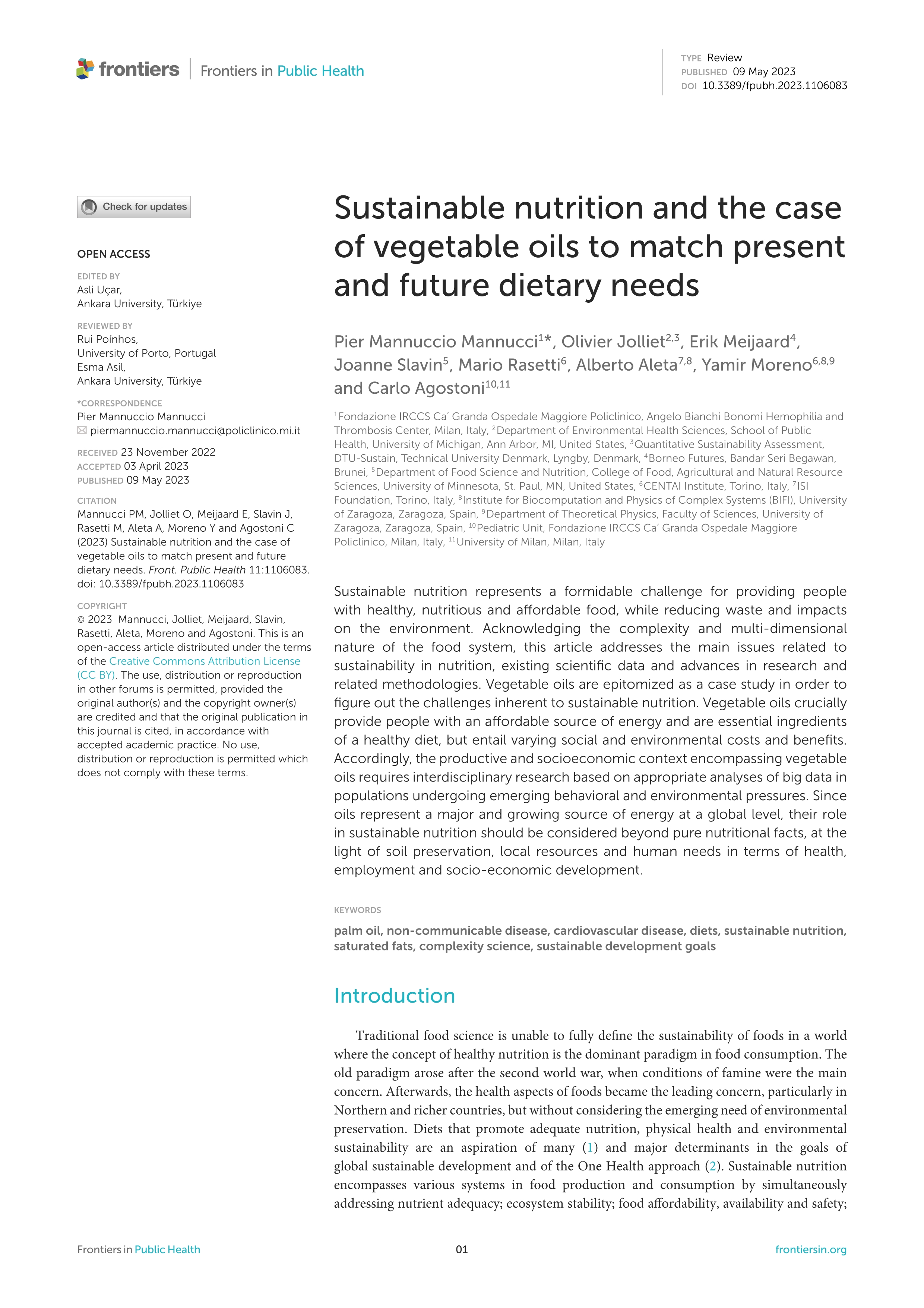 Sustainable nutrition and the case of vegetable oils to match present and future dietary needs