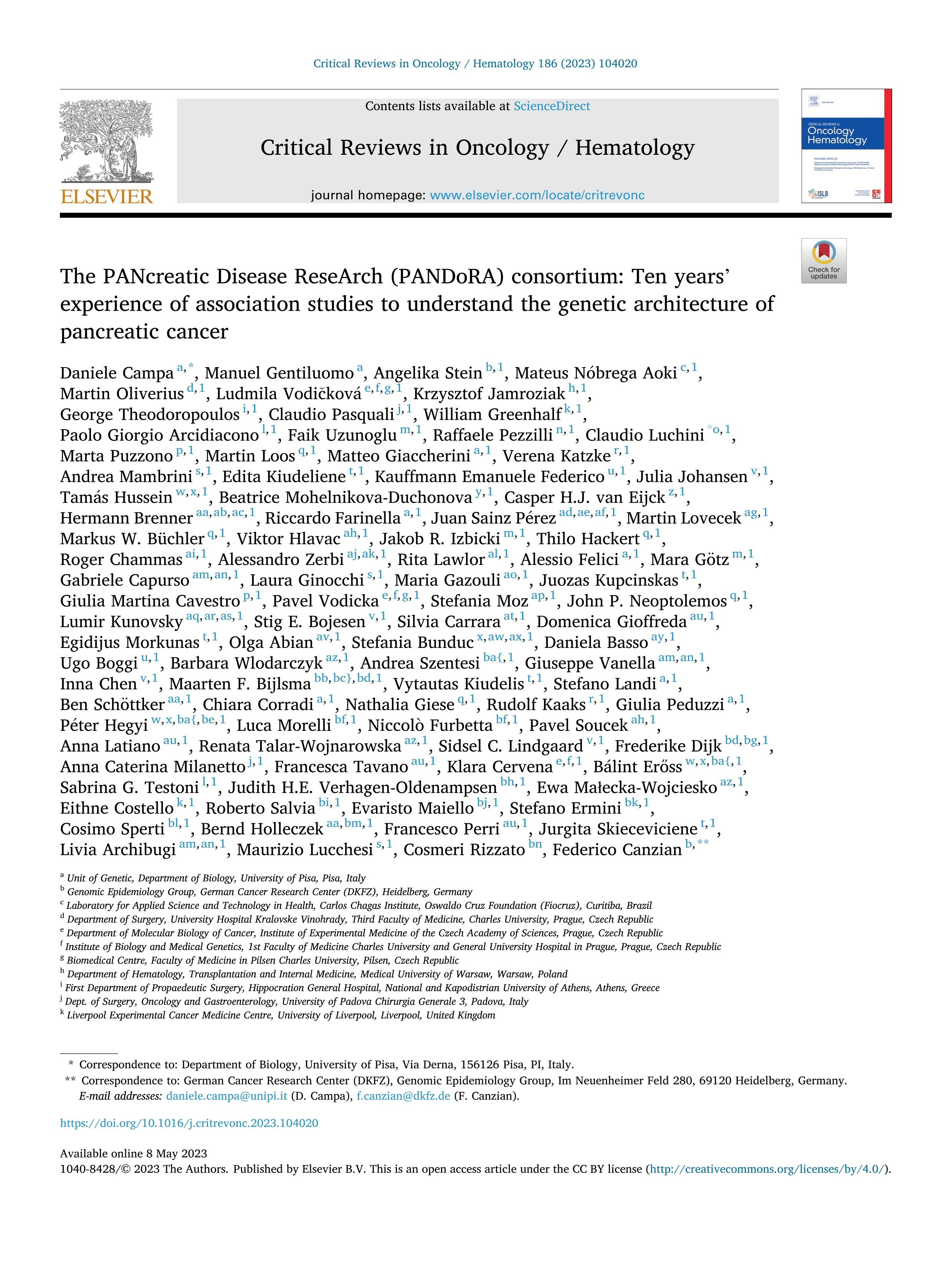 The PANcreatic Disease ReseArch (PANDoRA) consortium: Ten years’ experience of association studies to understand the genetic architecture of pancreatic cancer