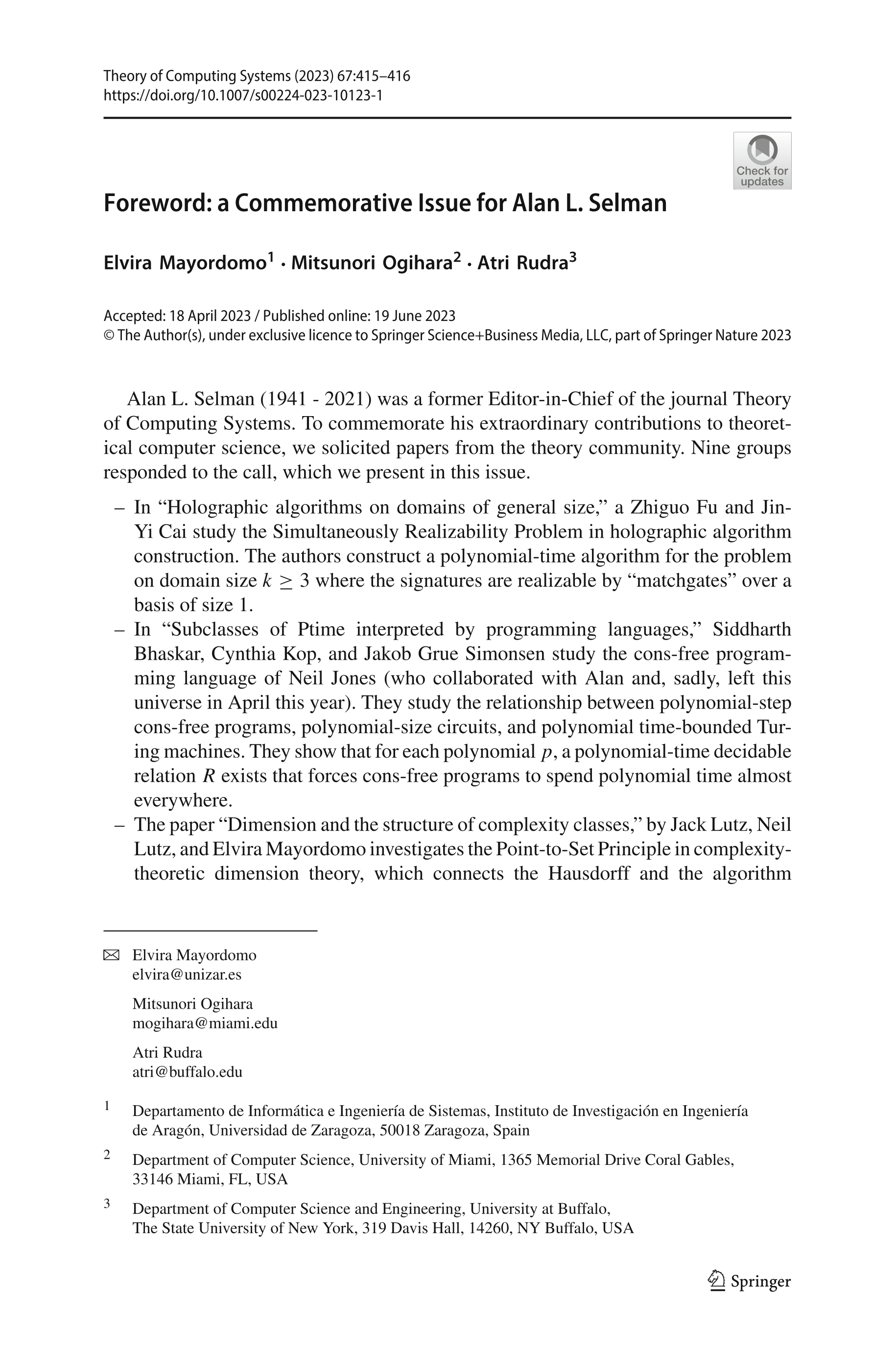 Foreword: a Commemorative Issue for Alan L. Selman