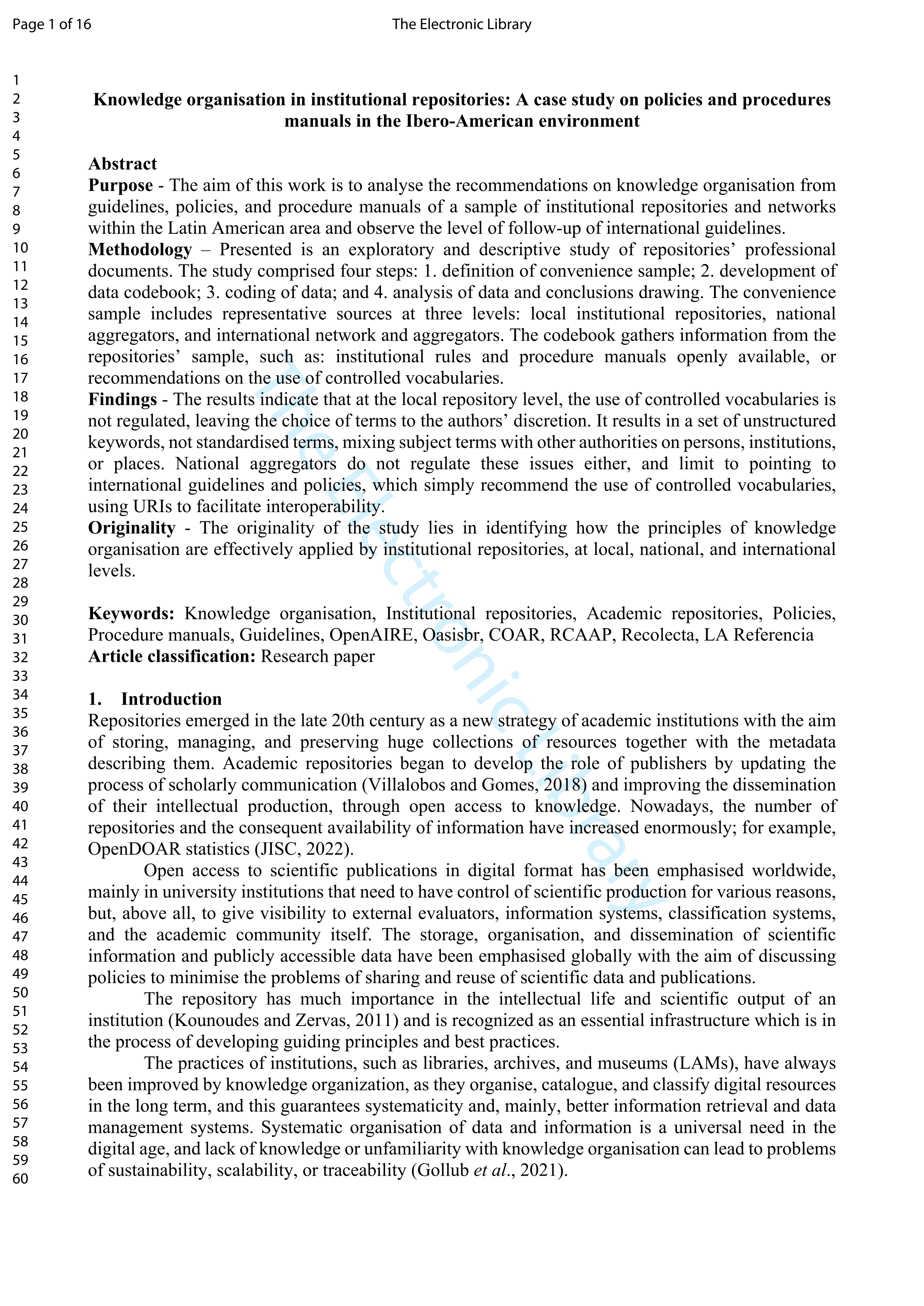 Knowledge organisation in institutional repositories: a case study on policies and procedures manuals in the Ibero-American environment