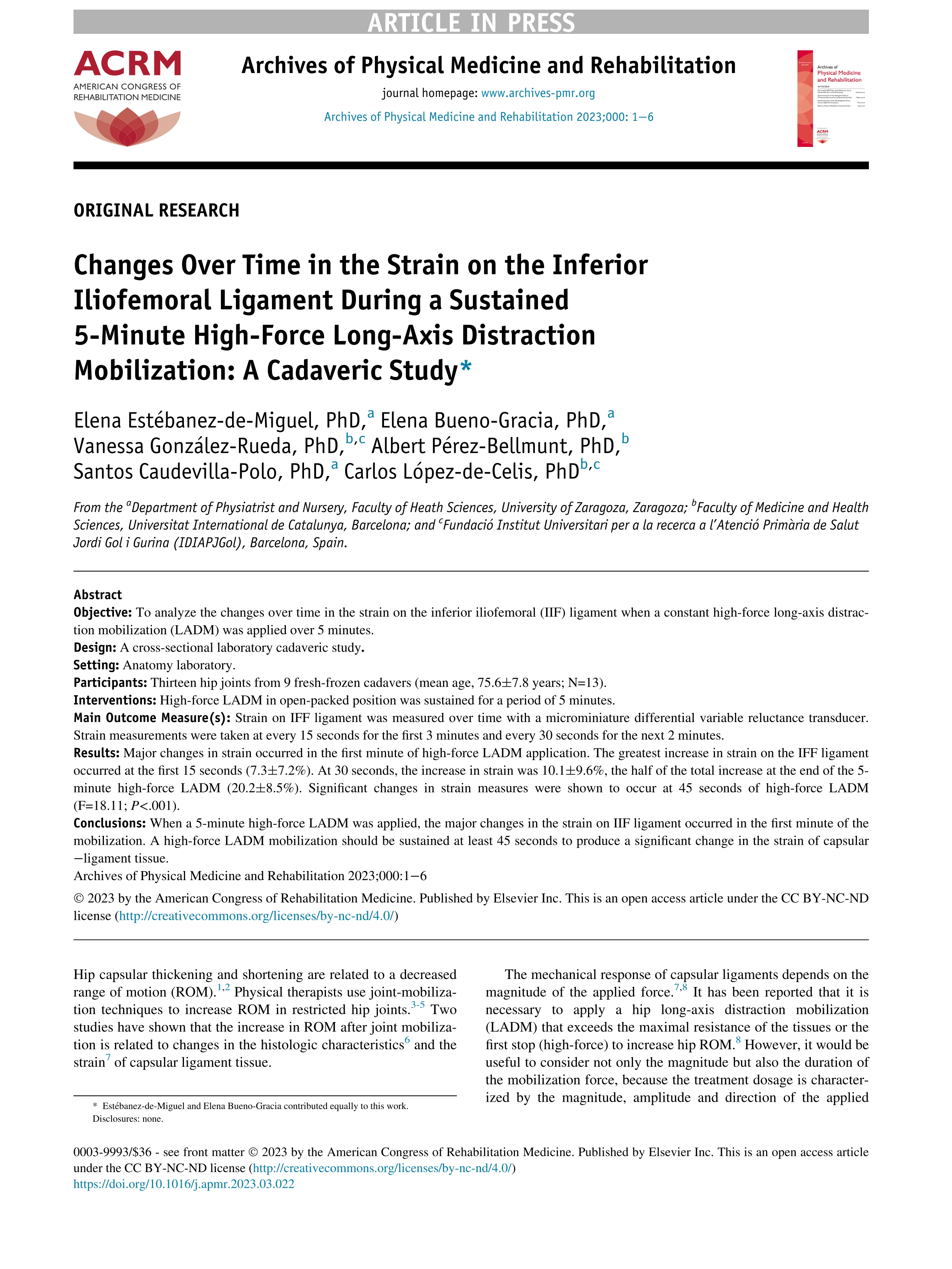 Changes over time in the strain on the inferior iliofemoral ligament during a sustained 5-minute high-force long-axis distraction mobilization: a cadaveric study