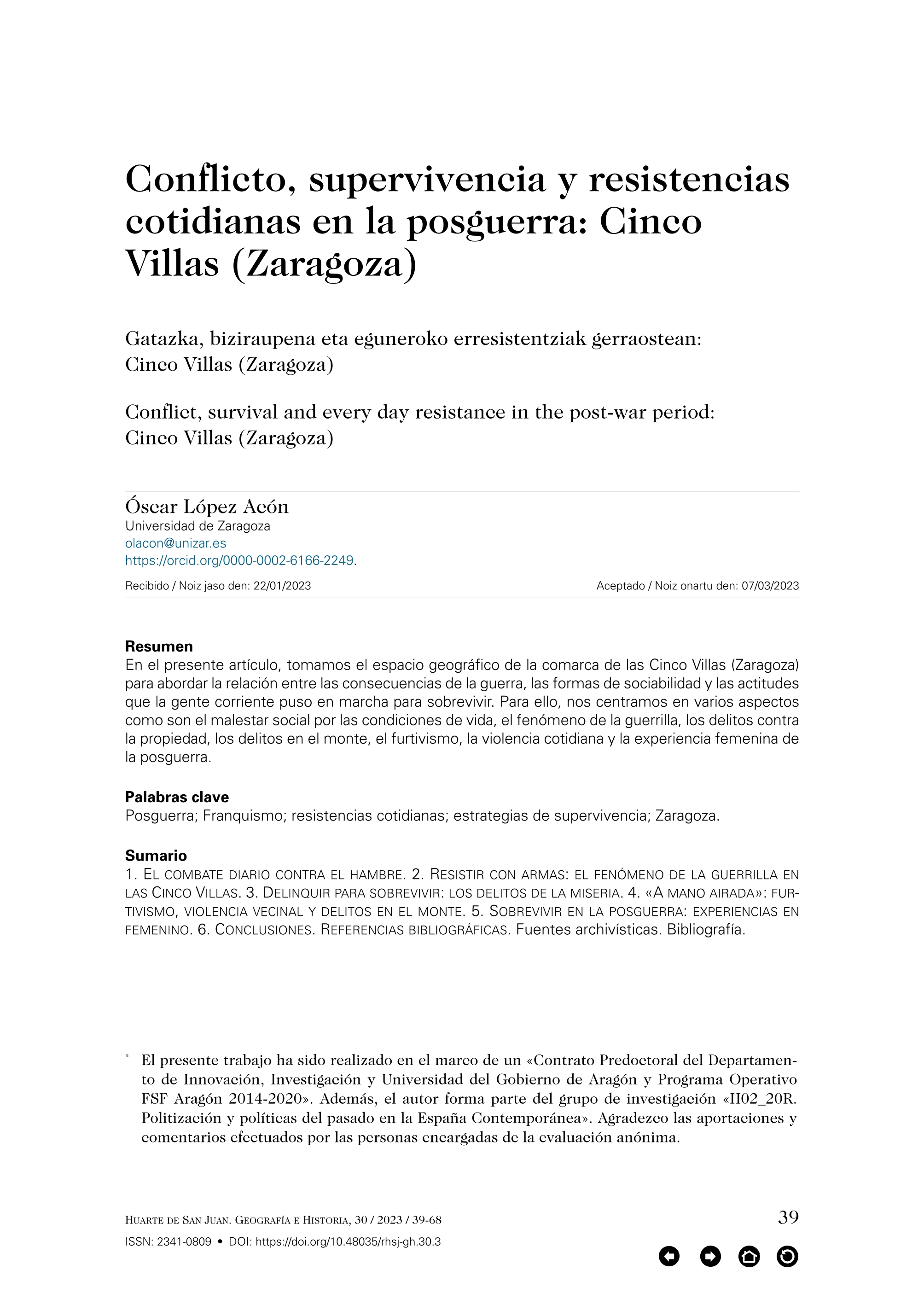 Conflicto, supervivencia y resistencias cotidianas en la posguerra: Cinco Villas (Zaragoza)