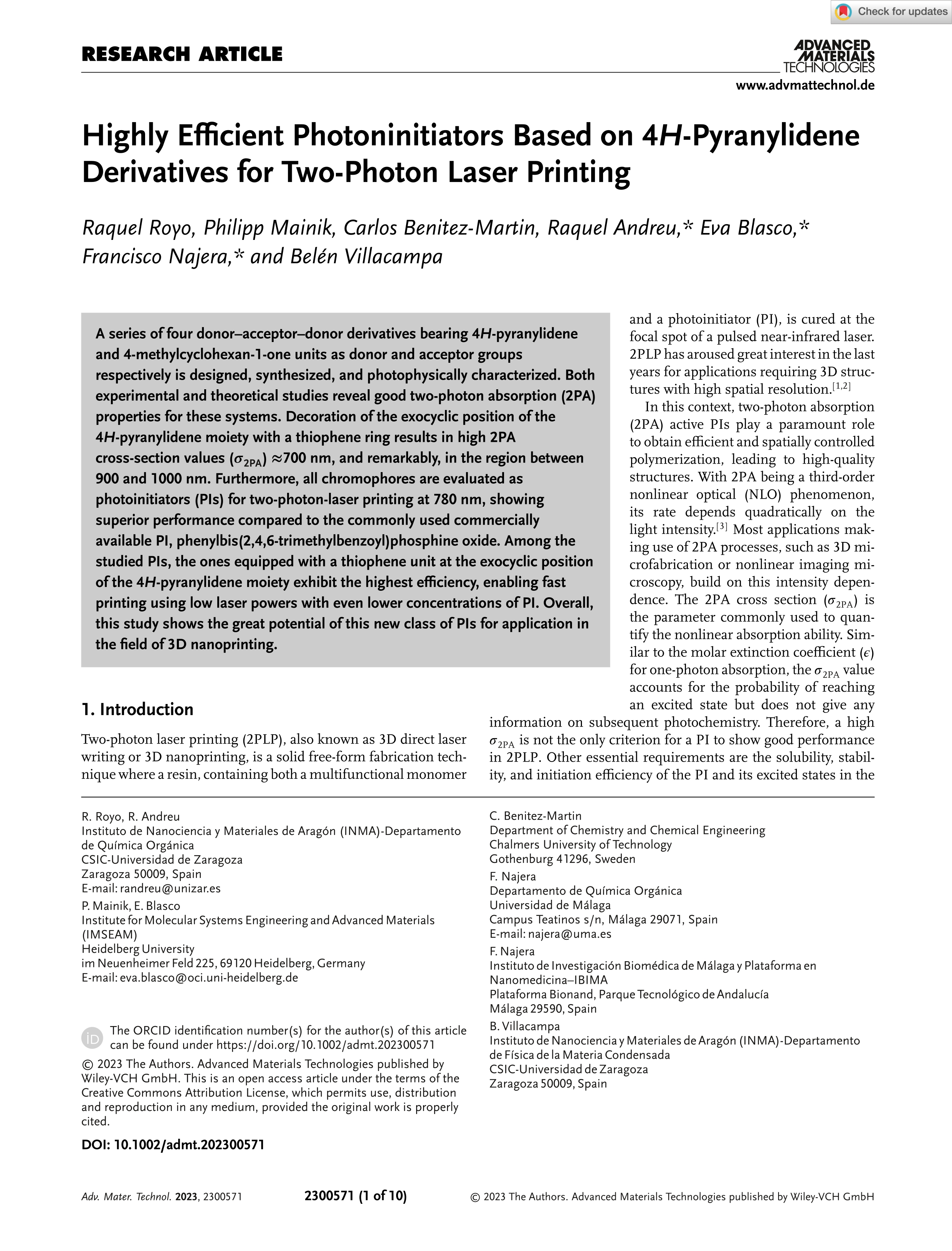 Highly Efficient Photoninitiators Based on 4H-Pyranylidene Derivatives for Two-Photon Laser Printing