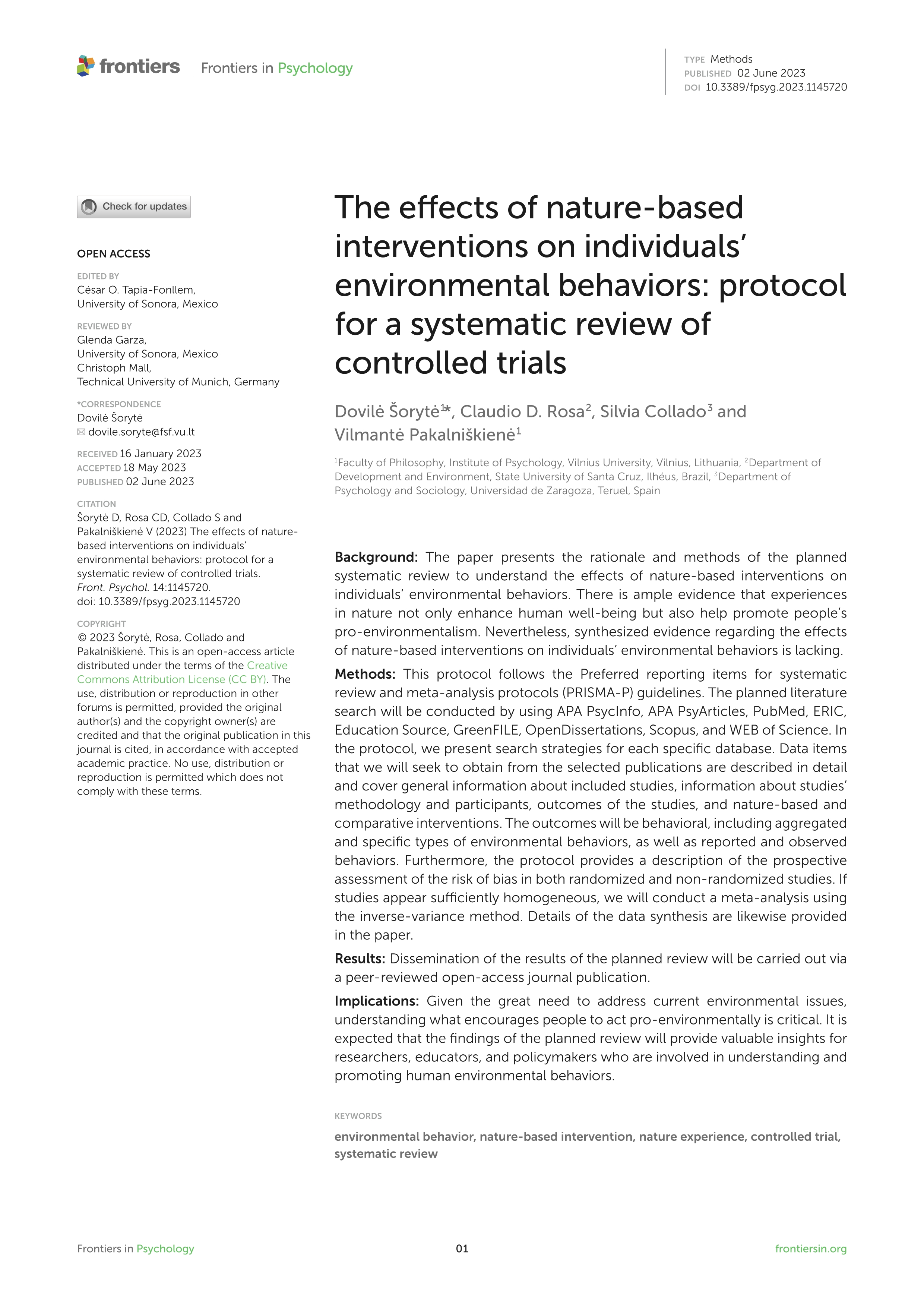 The effects of nature-based interventions on individuals’ environmental behaviors: protocol for a systematic review of controlled trials