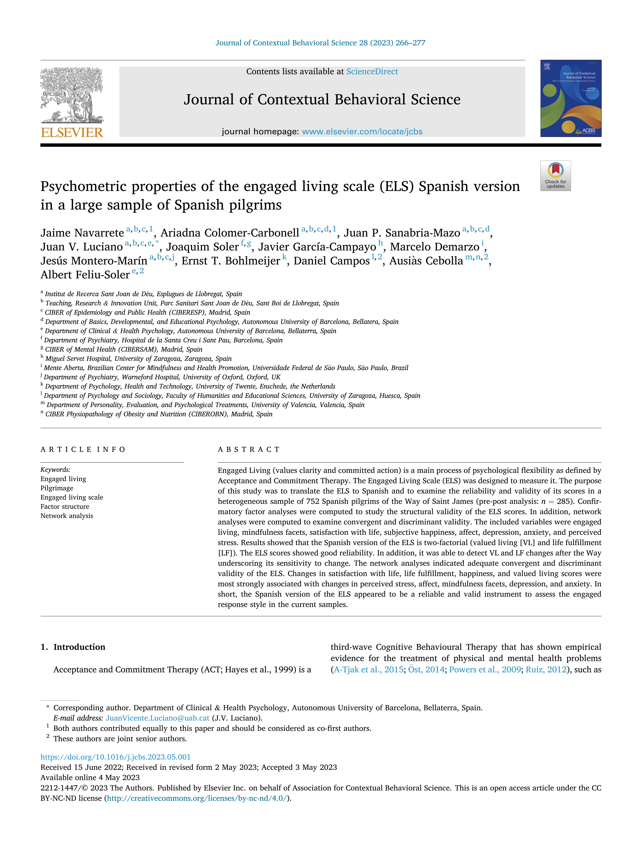 Psychometric properties of the engaged living scale (ELS) Spanish version in a large sample of Spanish pilgrims