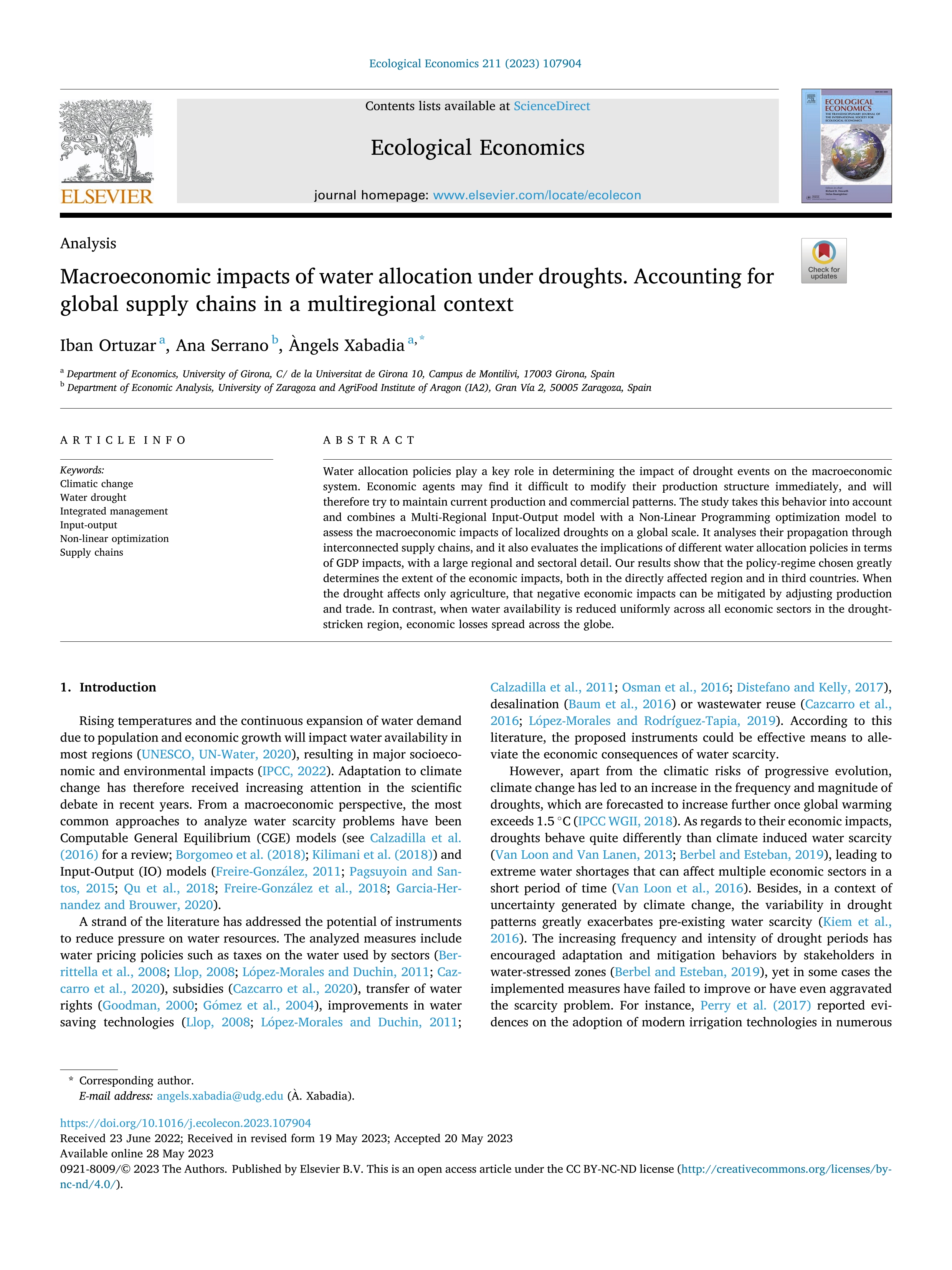 Macroeconomic impacts of water allocation under droughts. Accounting for global supply chains in a multiregional context