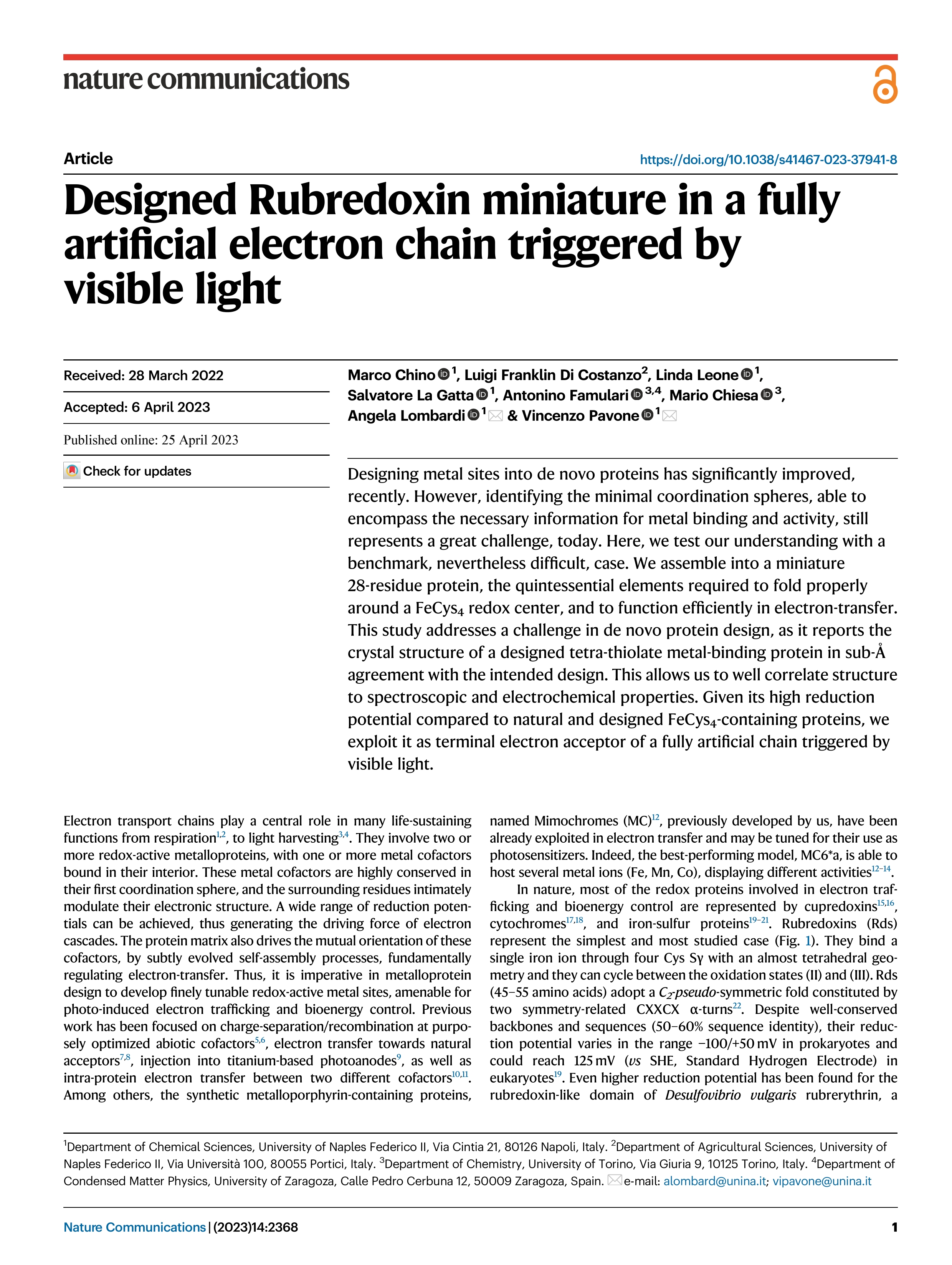 Designed Rubredoxin miniature in a fully artificial electron chain triggered by visible light