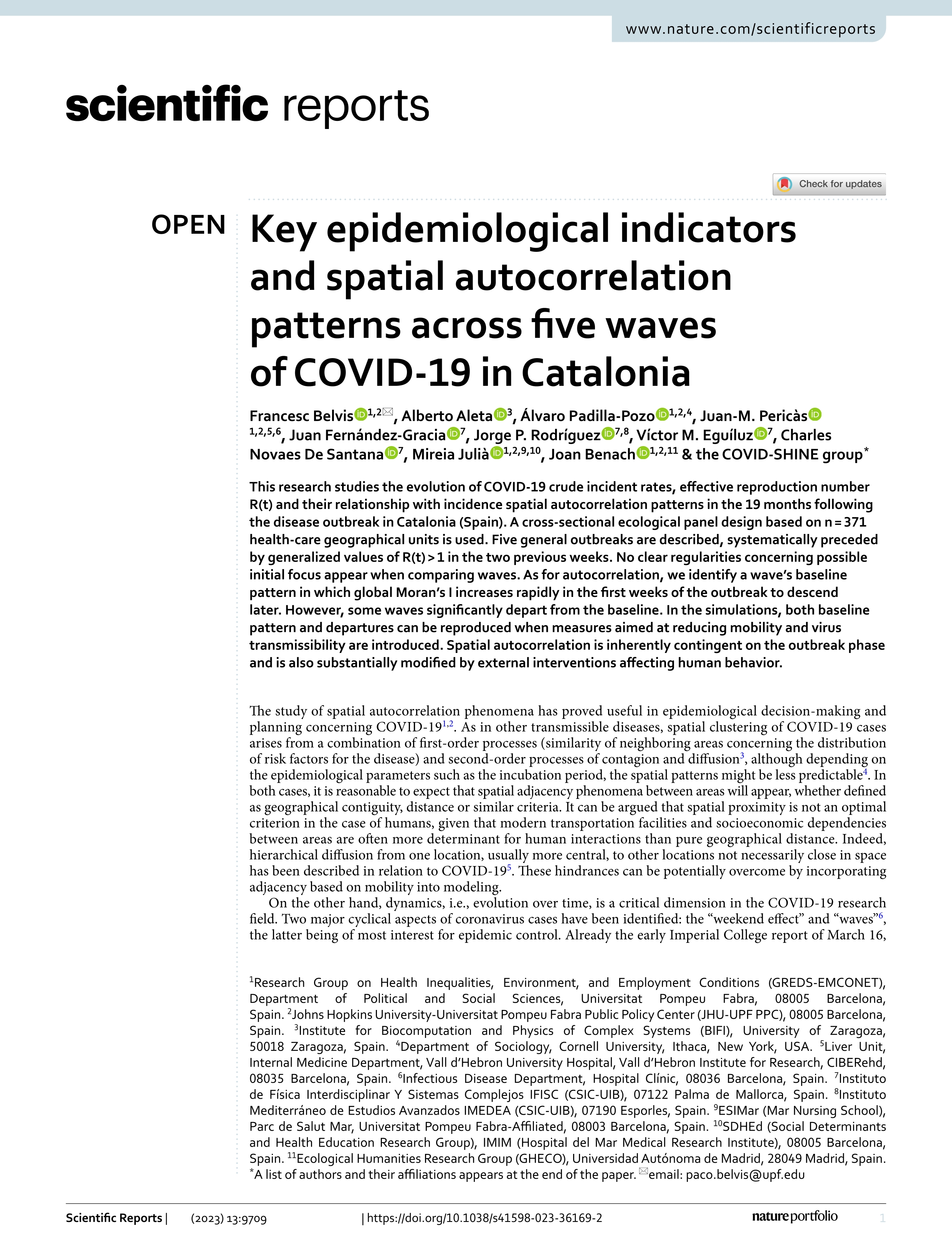 Key epidemiological indicators and spatial autocorrelation patterns across five waves of COVID-19 in Catalonia