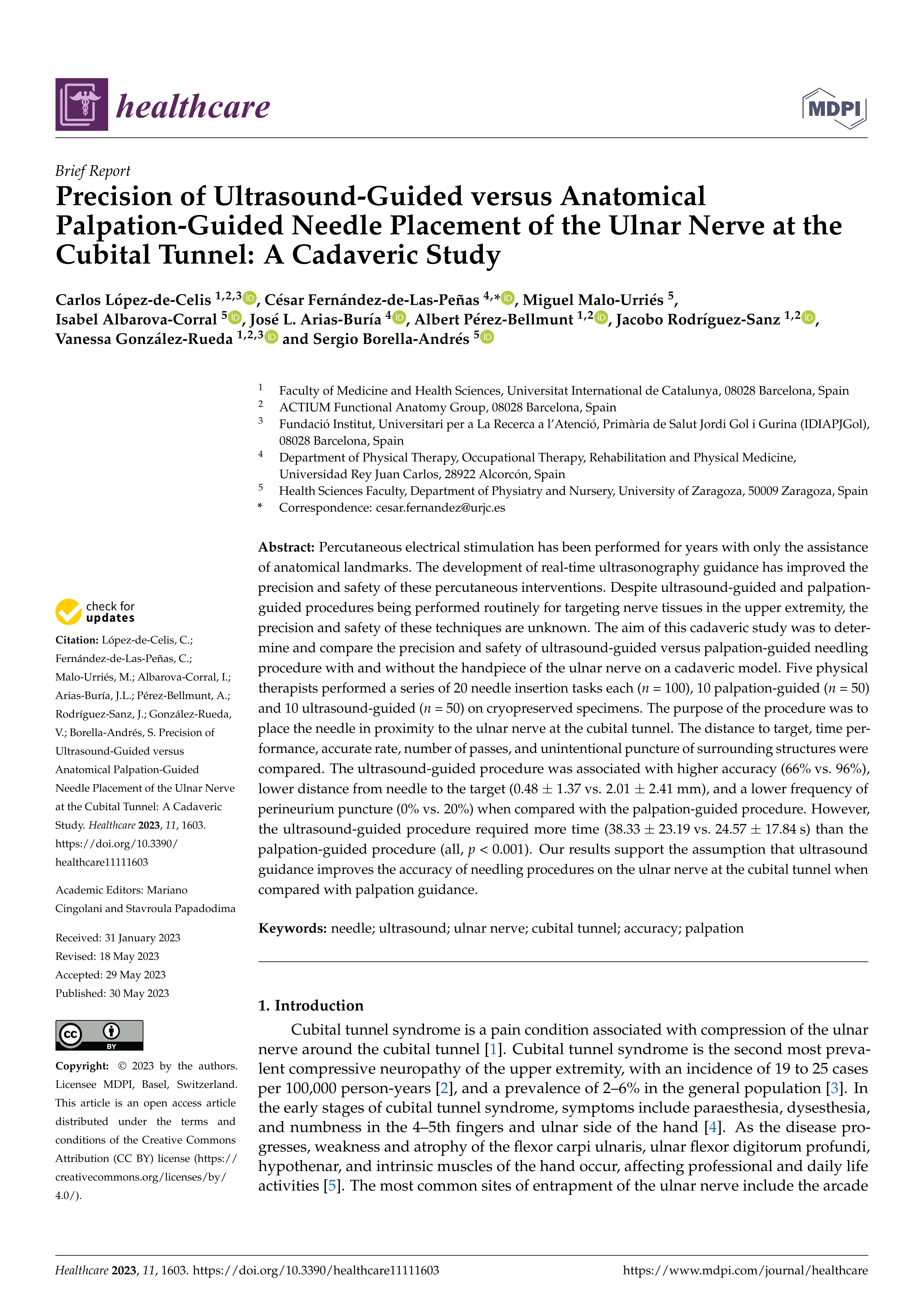 Precision of ultrasound-guided versus anatomical palpation-guided needle placement of the ulnar nerve at the cubital tunnel: a cadaveric study