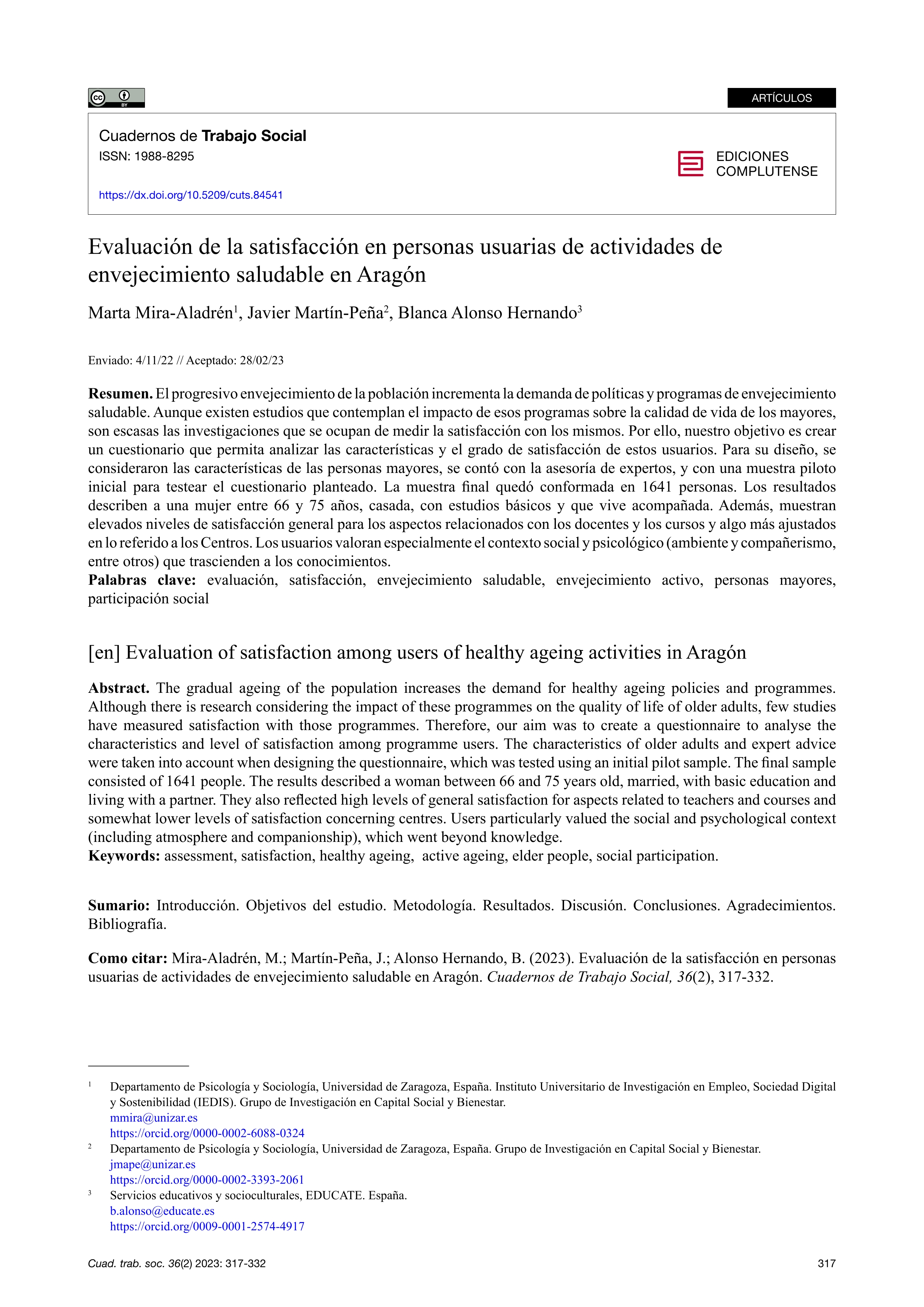 Evaluación de la satisfacción en personas usuarias de actividades de envejecimiento saludable en Aragón