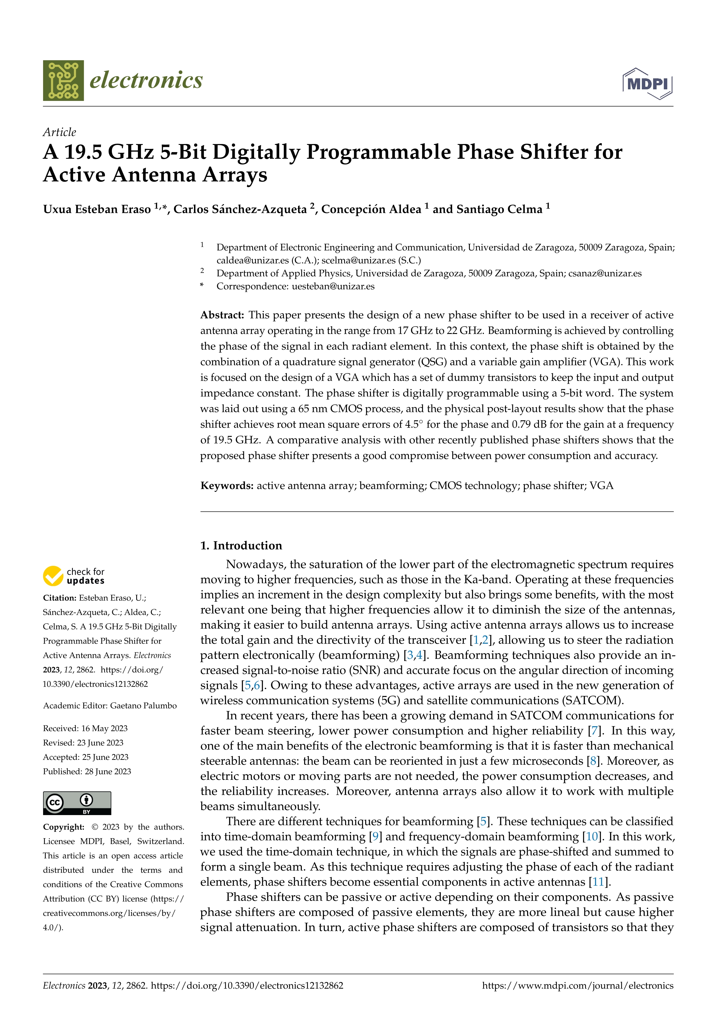 A 19.5 Ghz 5-bit digitally programmable phase shifter for active antenna arrays