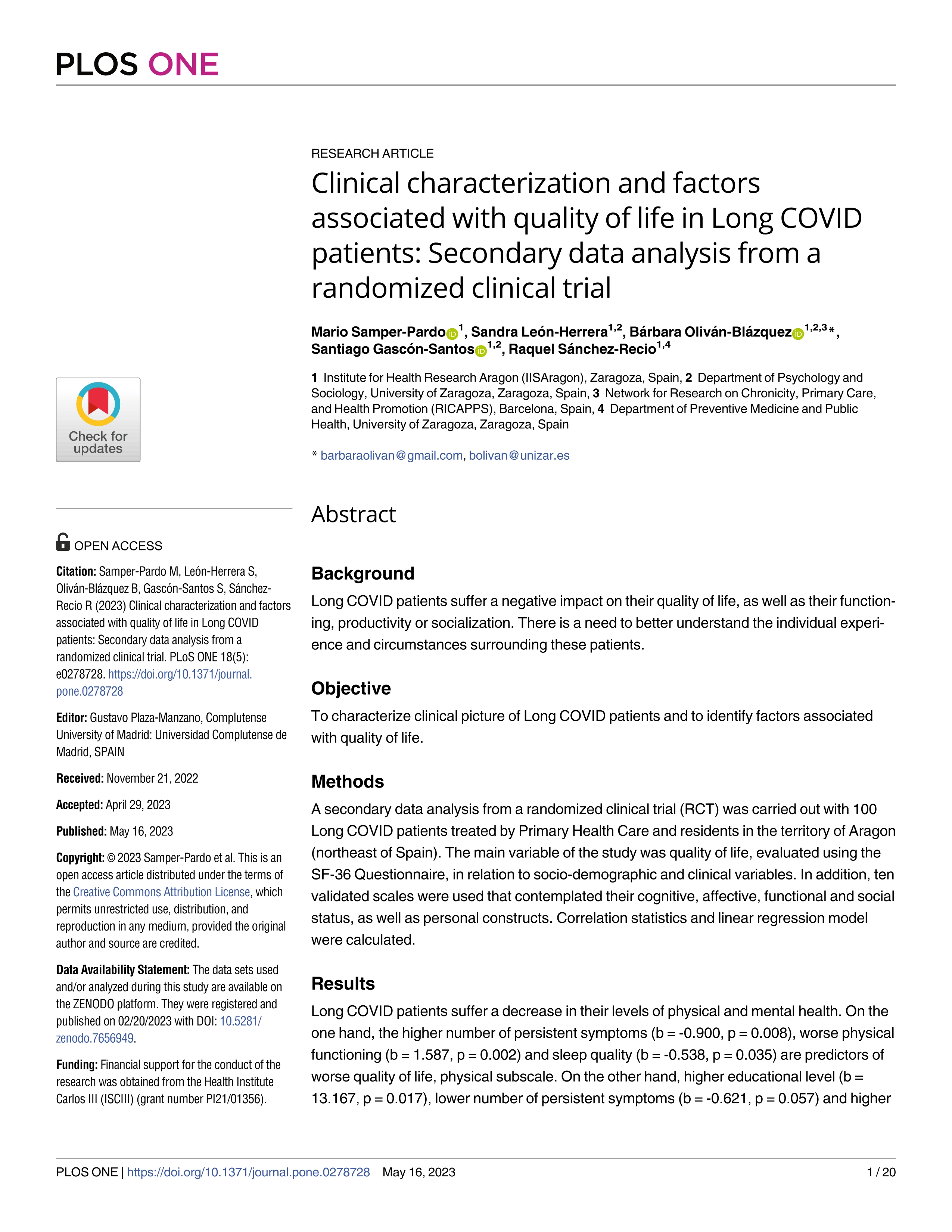 Clinical characterization and factors associated with quality of life in Long COVID patients: Secondary data analysis from a randomized clinical trial