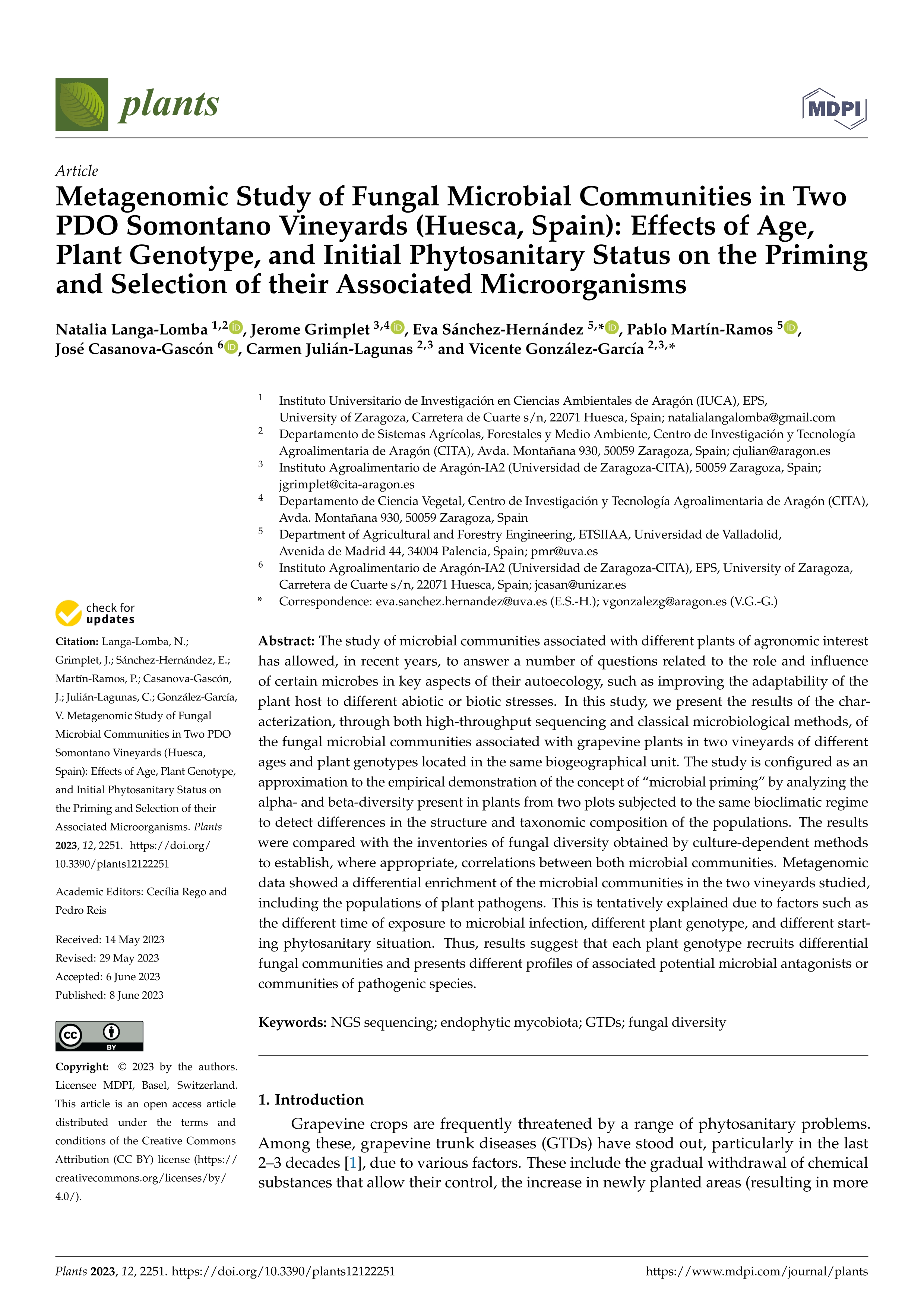 Metagenomic study of fungal microbial communities in two PDO Somontano vineyards (Huesca, Spain): effects of age, plant genotype, and initial phytosanitary status on the priming and selection of their associated microorganisms
