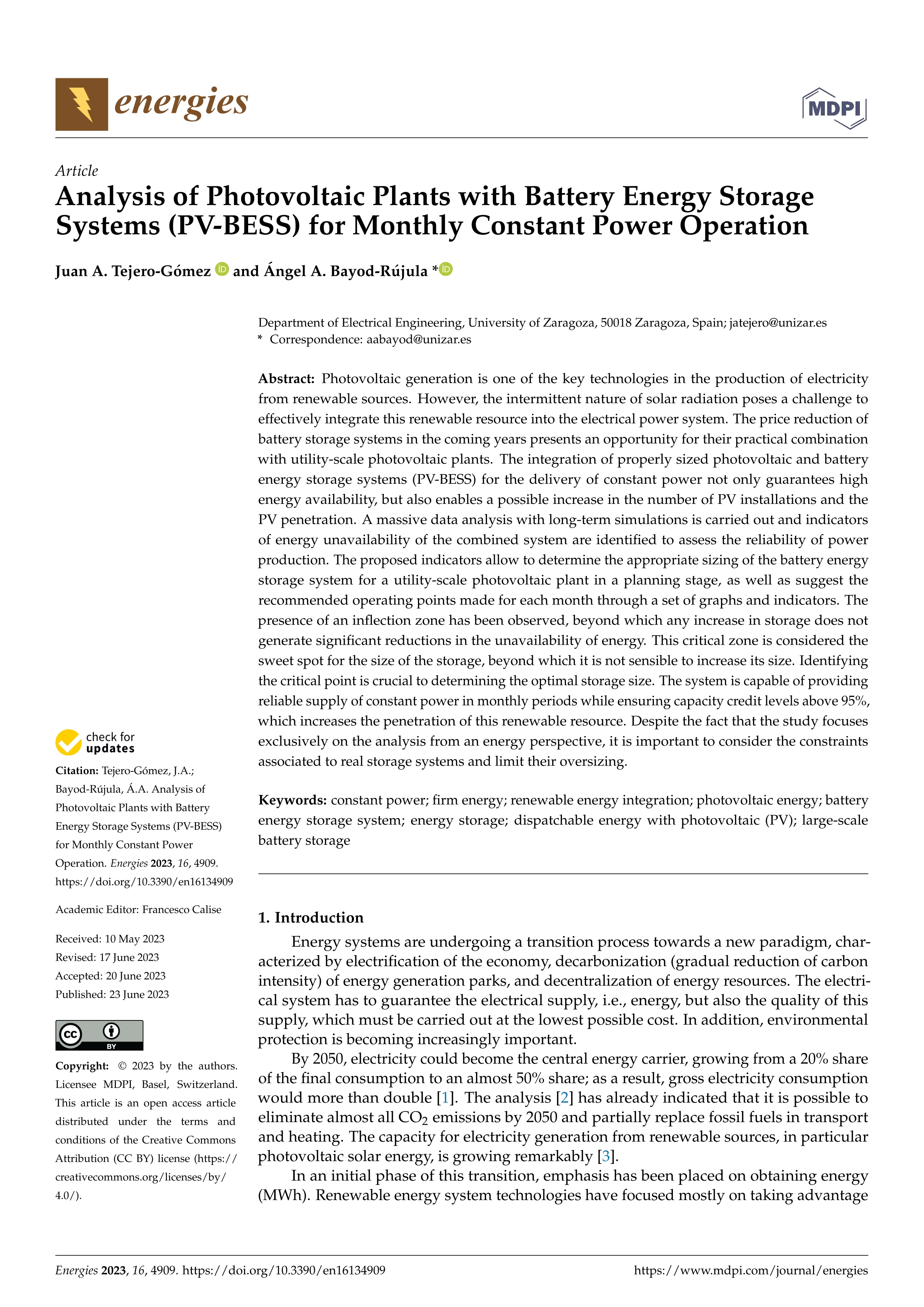 Analysis of photovoltaic plants with battery energy storage systems (PV-BESS) for monthly constant power operation