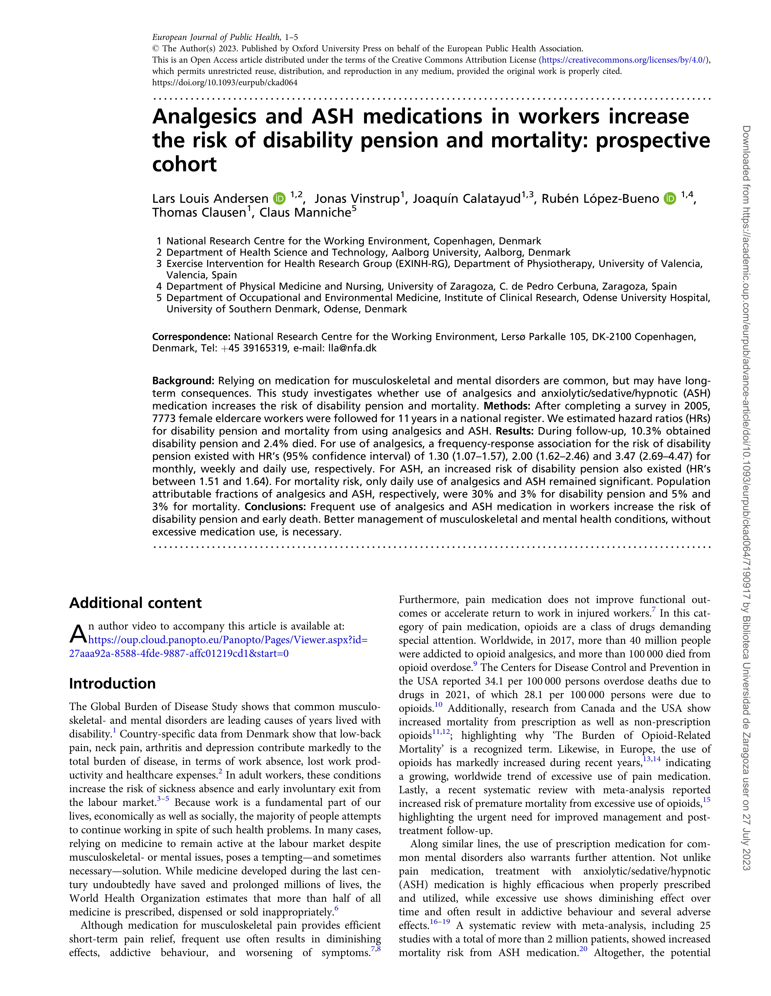 Analgesics and ASH medications in workers increase the risk of disability pension and mortality: prospective cohort