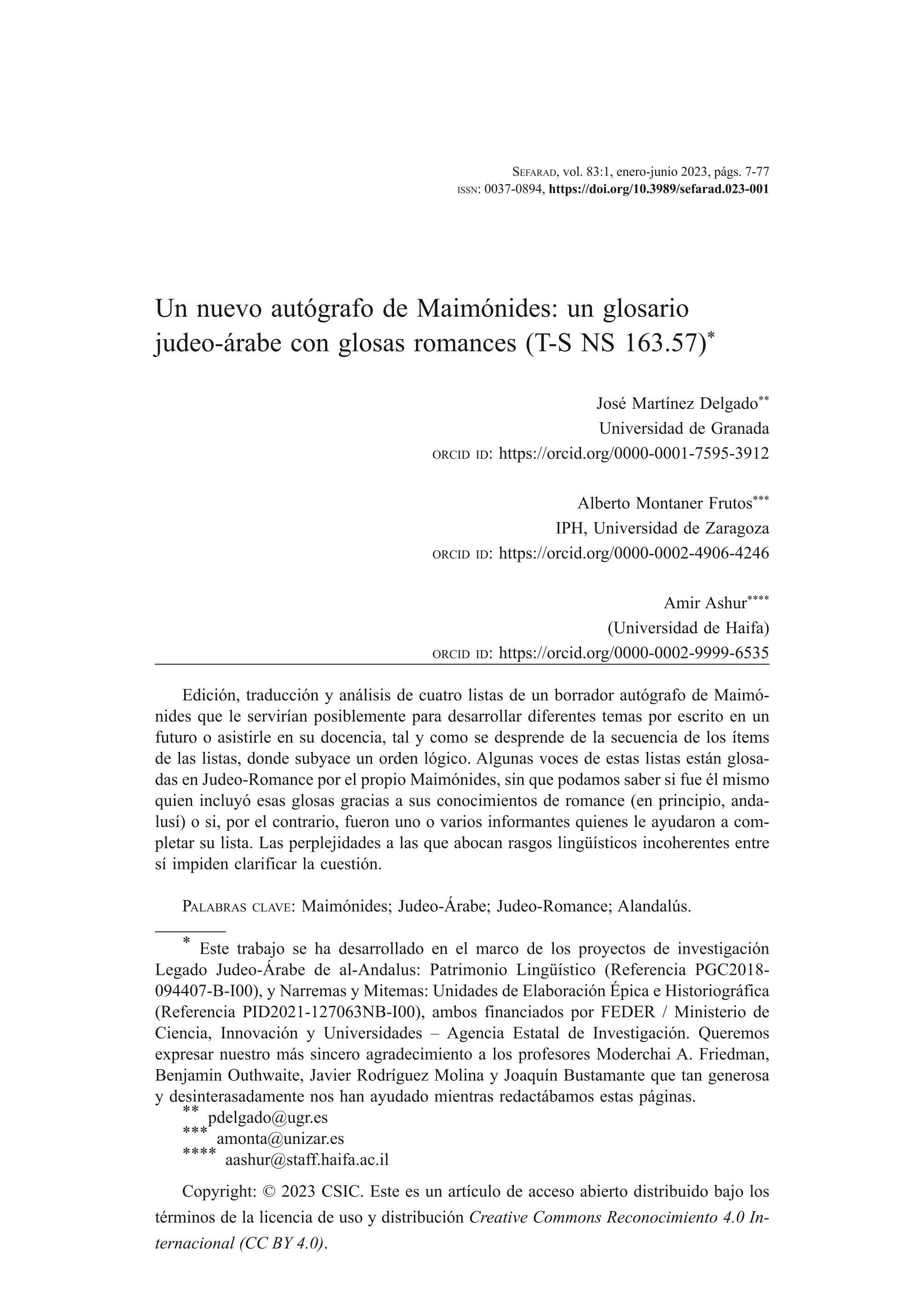 Un nuevo autógrafo de Maimónides: un glosario judeo-árabe con glosas romances (T-S NS 163.57)