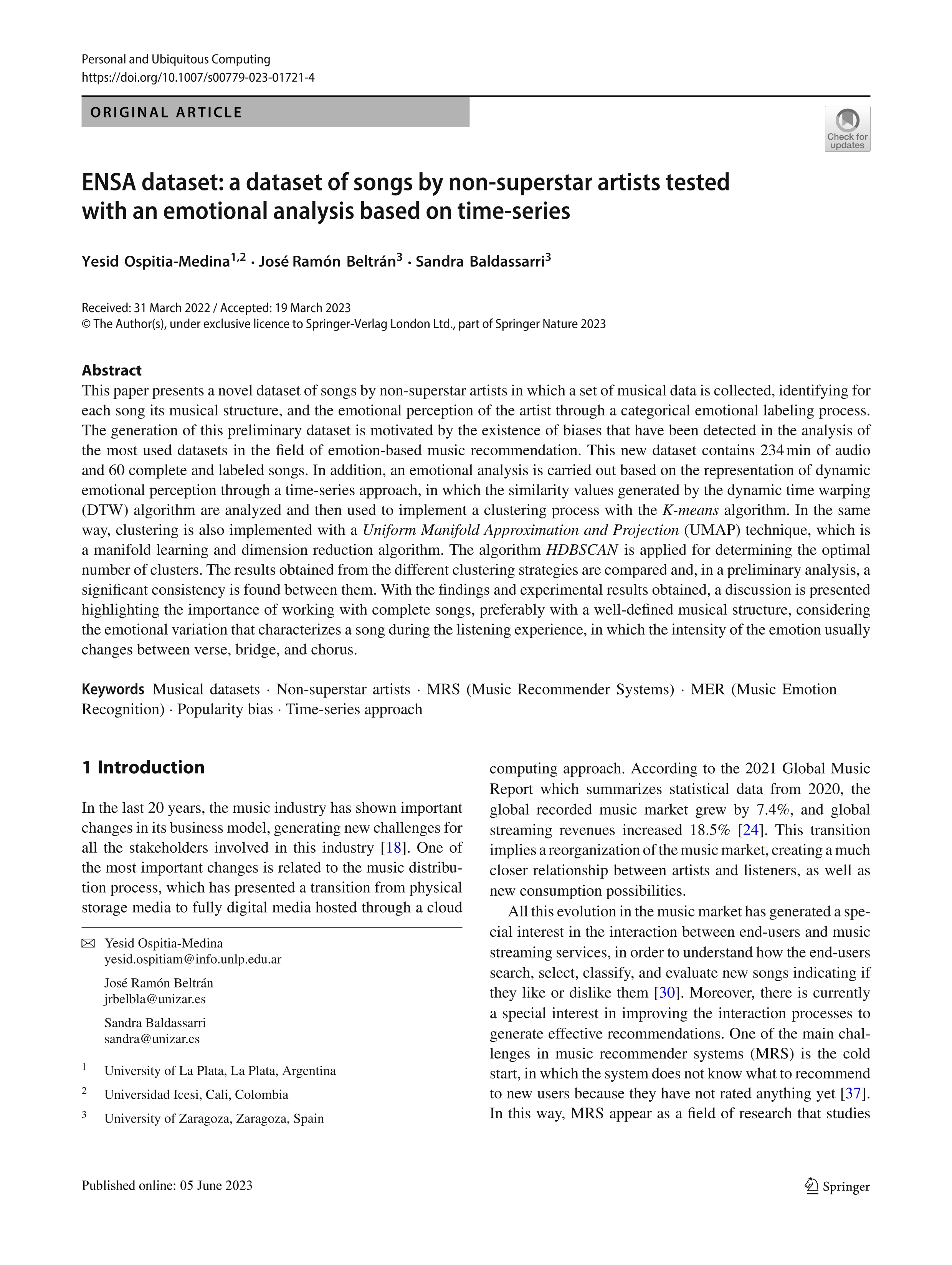 ENSA dataset: a dataset of songs by non-superstar artists tested with an emotional analysis based on time-series