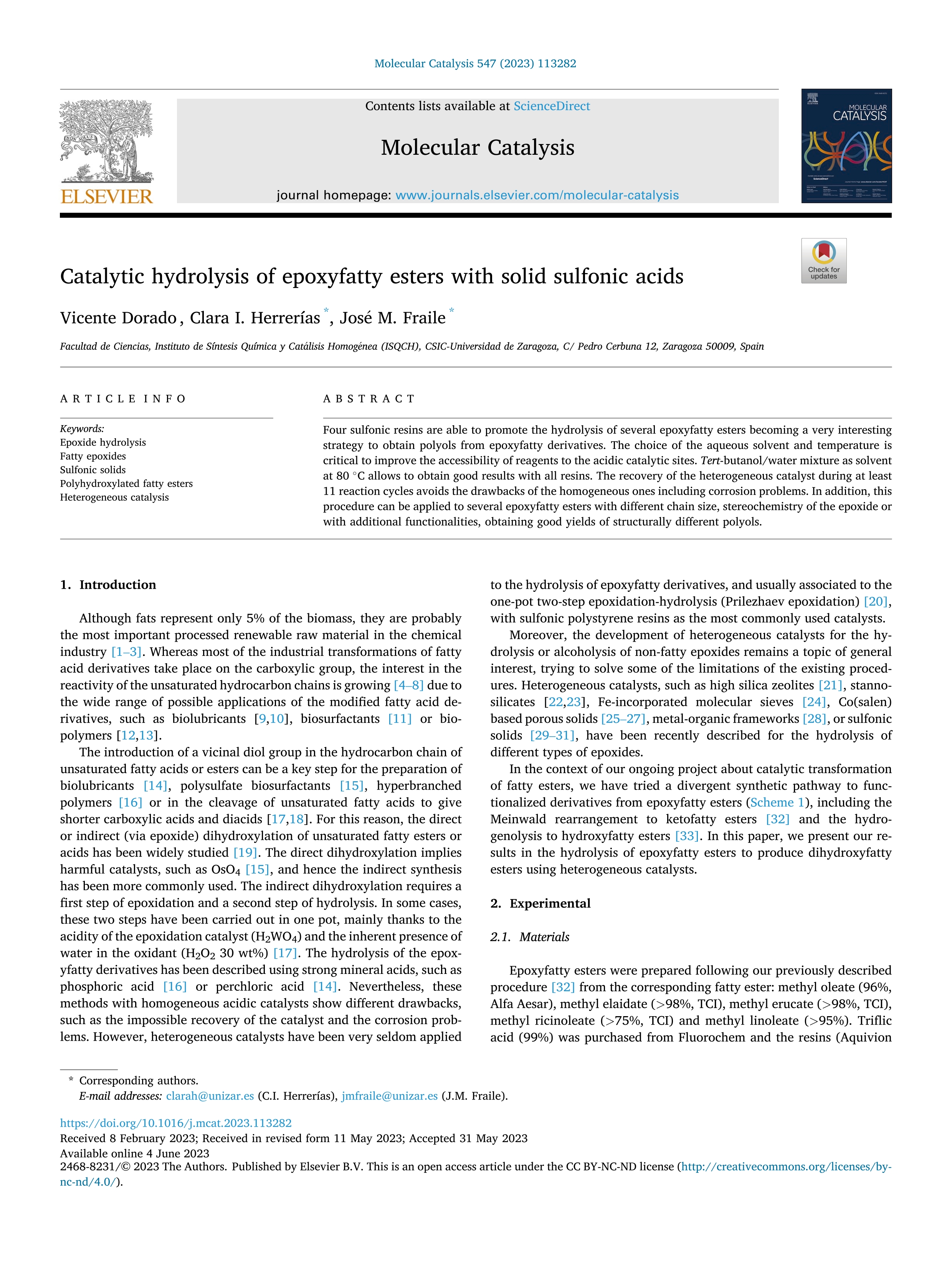 Catalytic hydrolysis of epoxyfatty esters with solid sulfonic acids