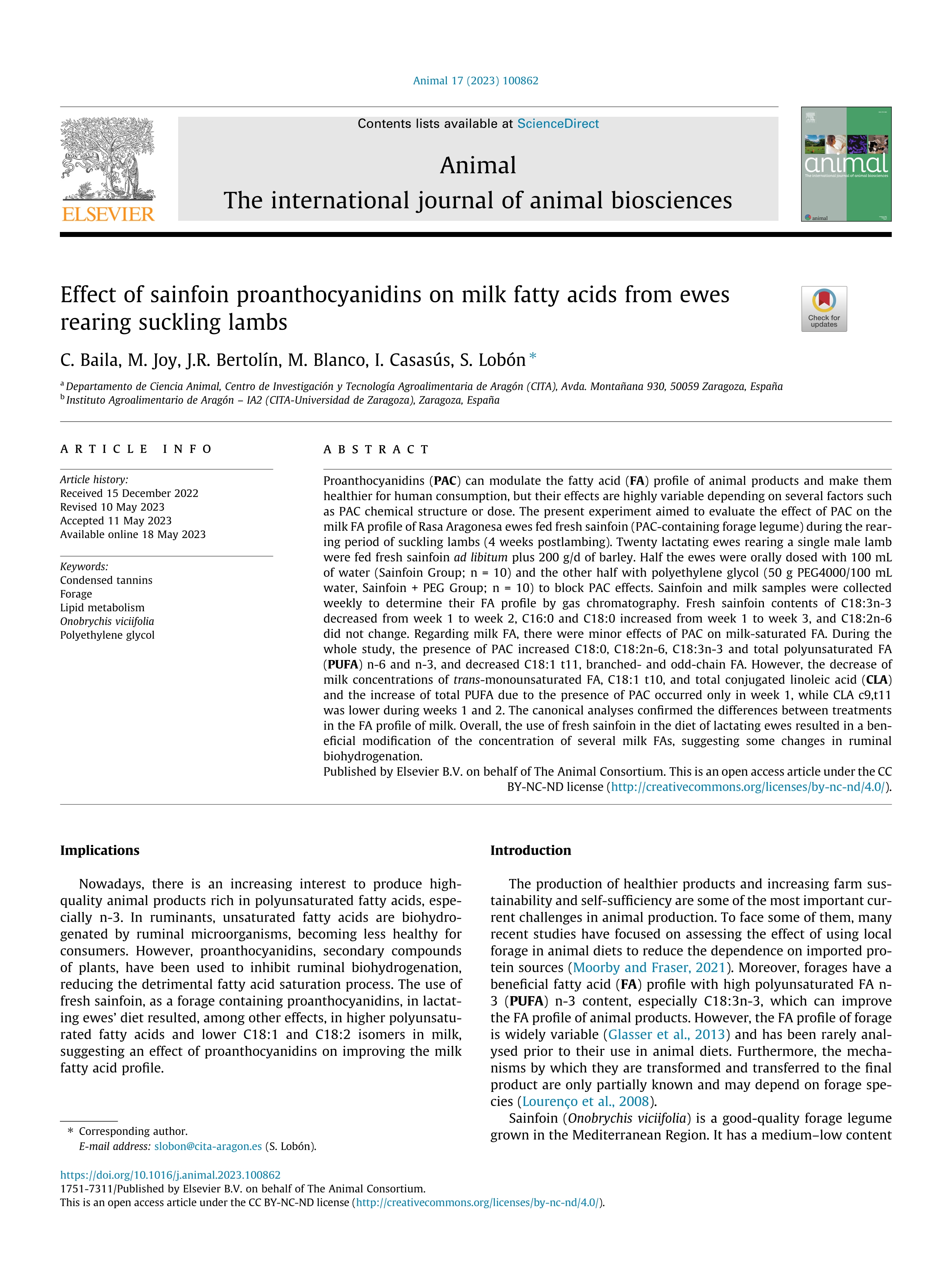 Effect of sainfoin proanthocyanidins on milk fatty acids from ewes rearing suckling lambs