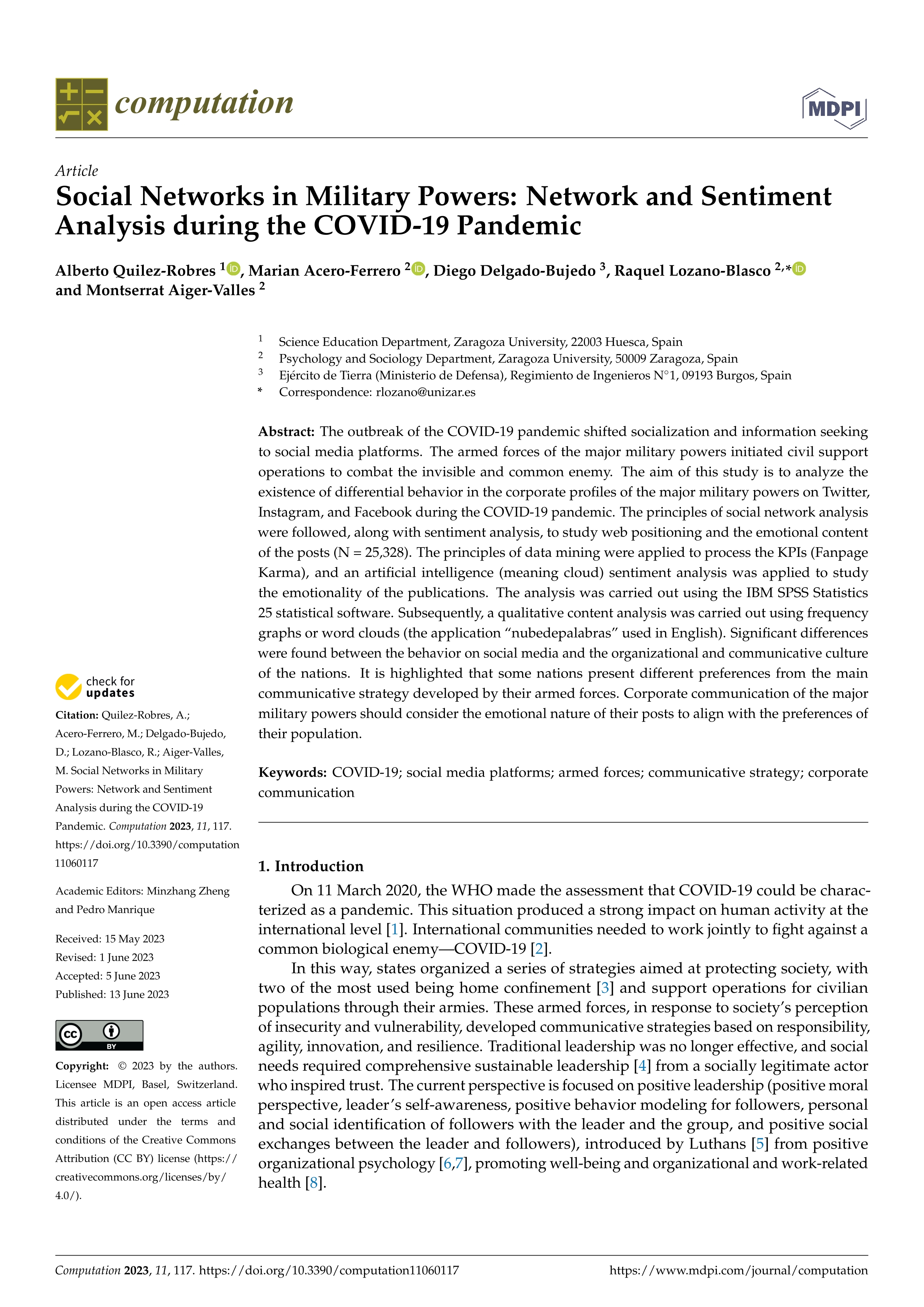 Social networks in military powers: network and sentiment analysis during the Covid-19 pandemic